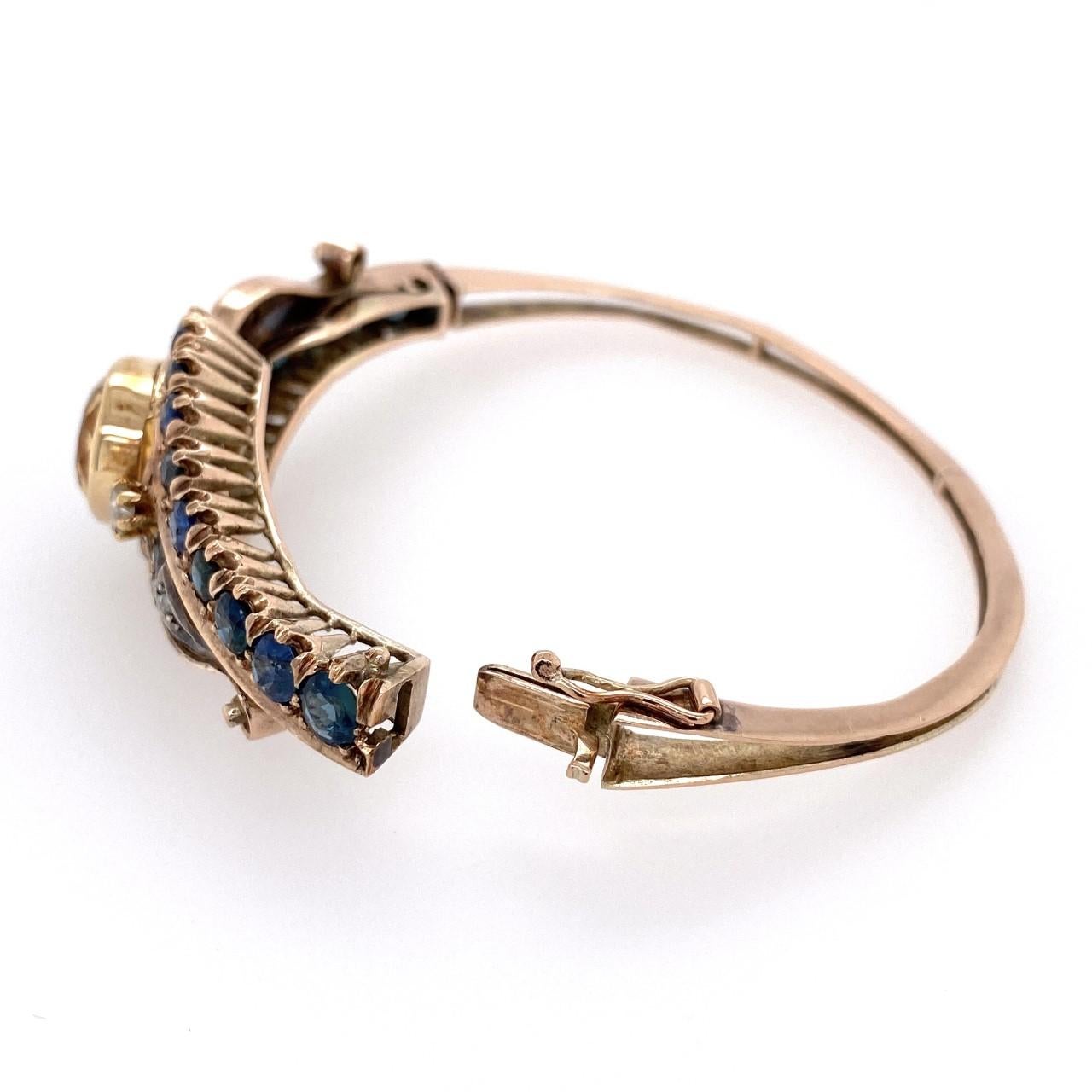 15 Karat Victorian Bangle Bracelet with Sapphires, Citrine and Diamonds 22.1g 2