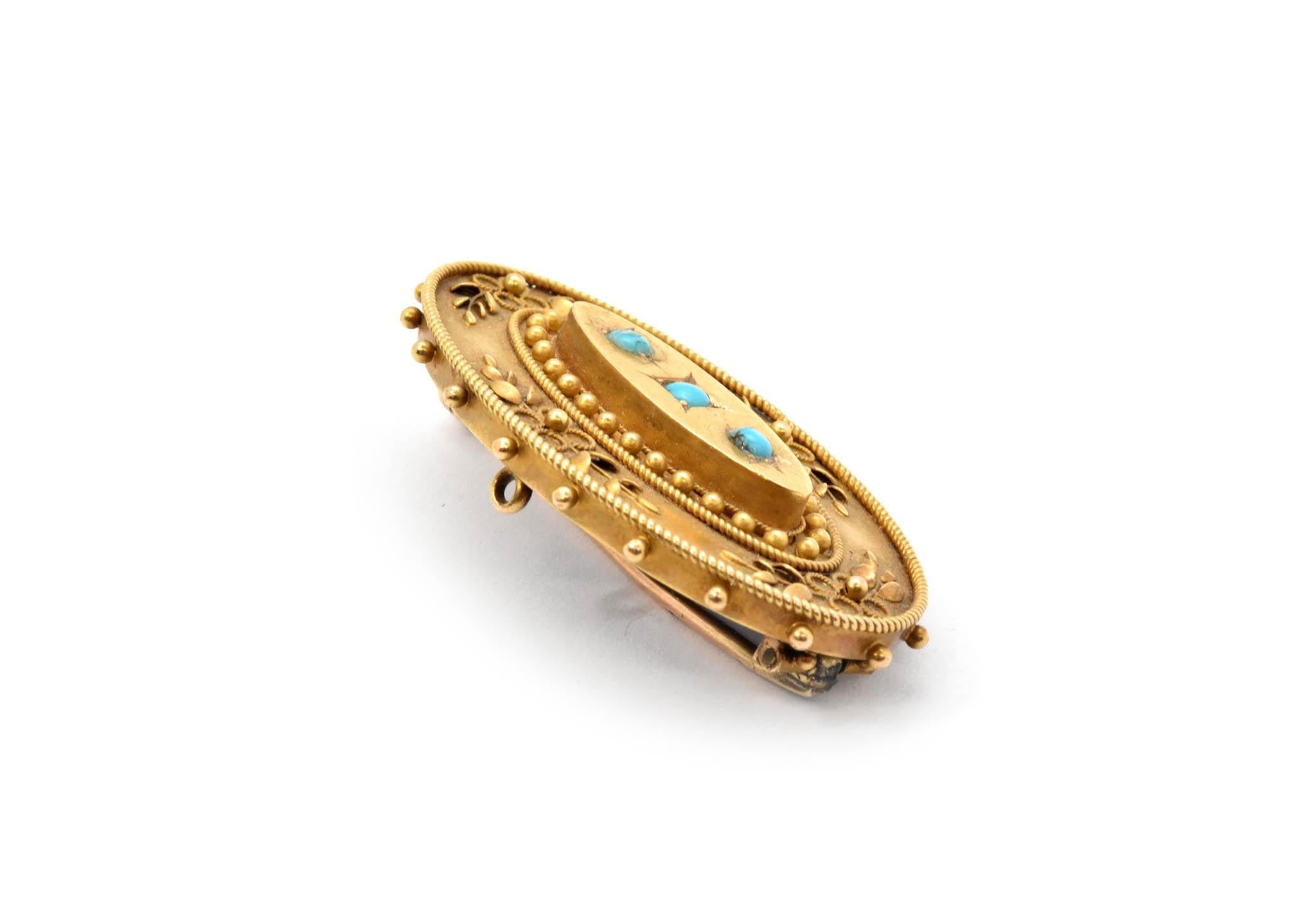 15 Karat Yellow Gold and Turquoise Pin In Excellent Condition In Scottsdale, AZ