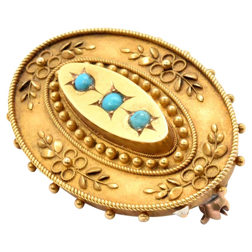 15 Karat Yellow Gold and Turquoise Pin