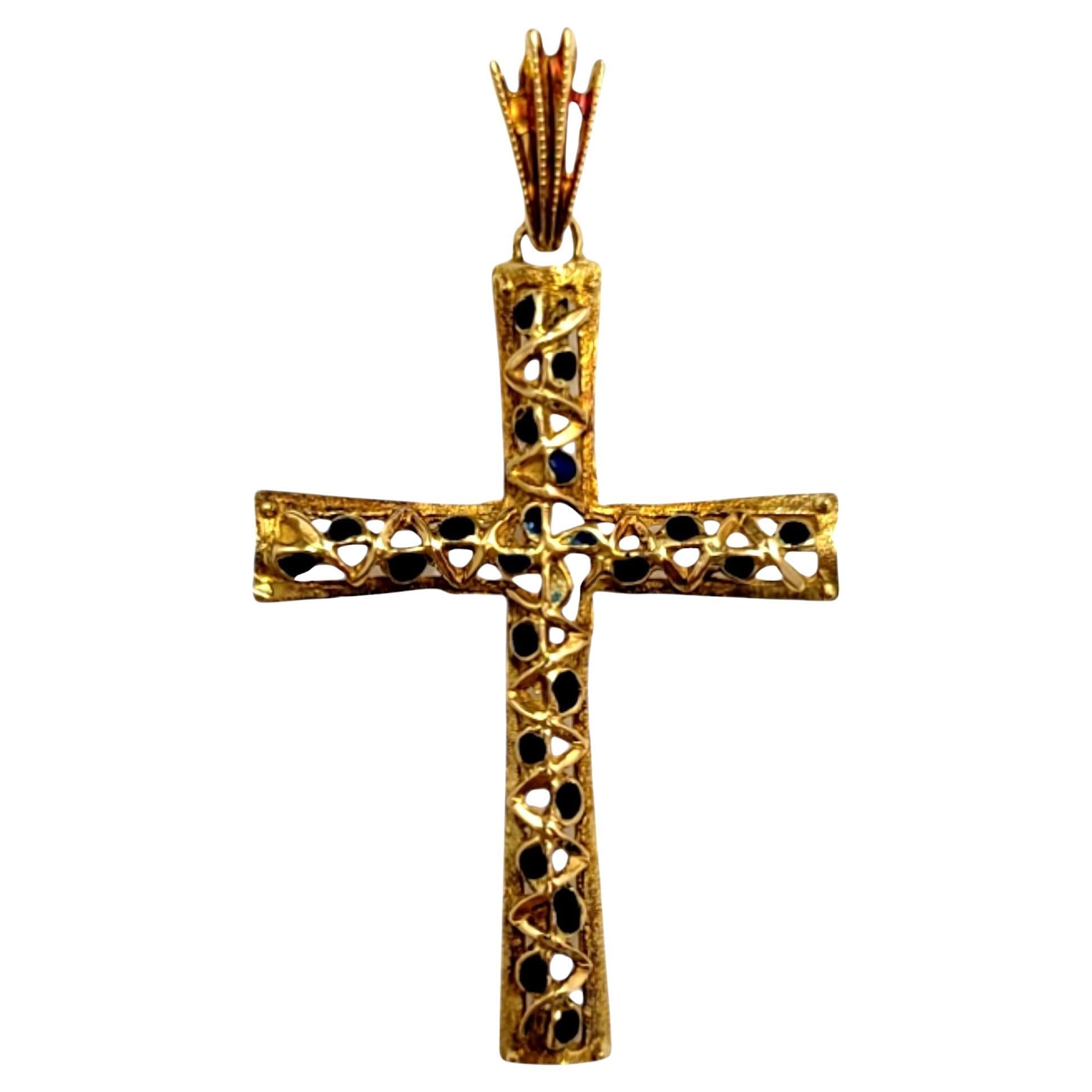 15K Yellow Gold Cross Pendant with Blue Enamel #19825