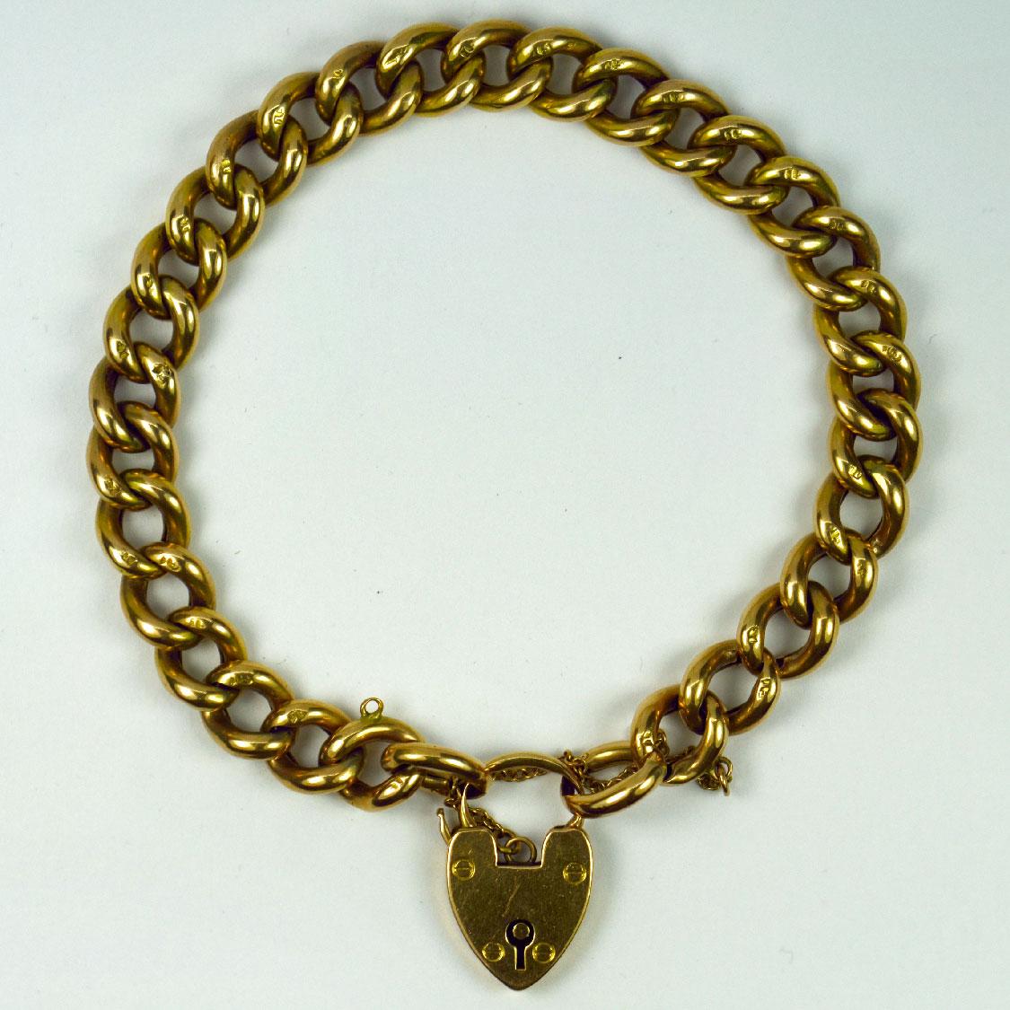 Victorian 15K Yellow Gold Heart Padlock Curb Link Bracelet