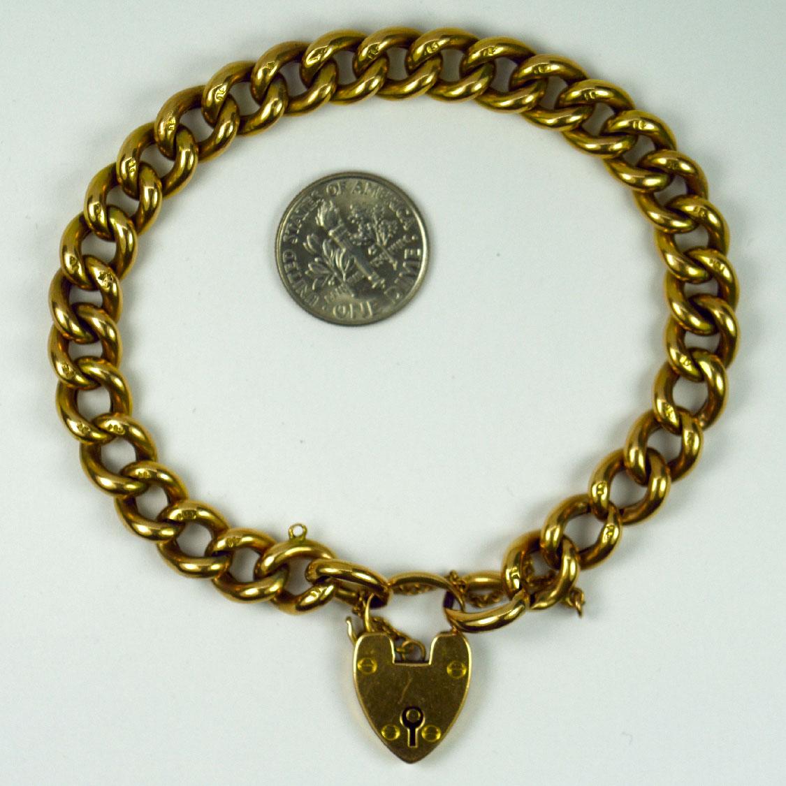 Women's 15K Yellow Gold Heart Padlock Curb Link Bracelet