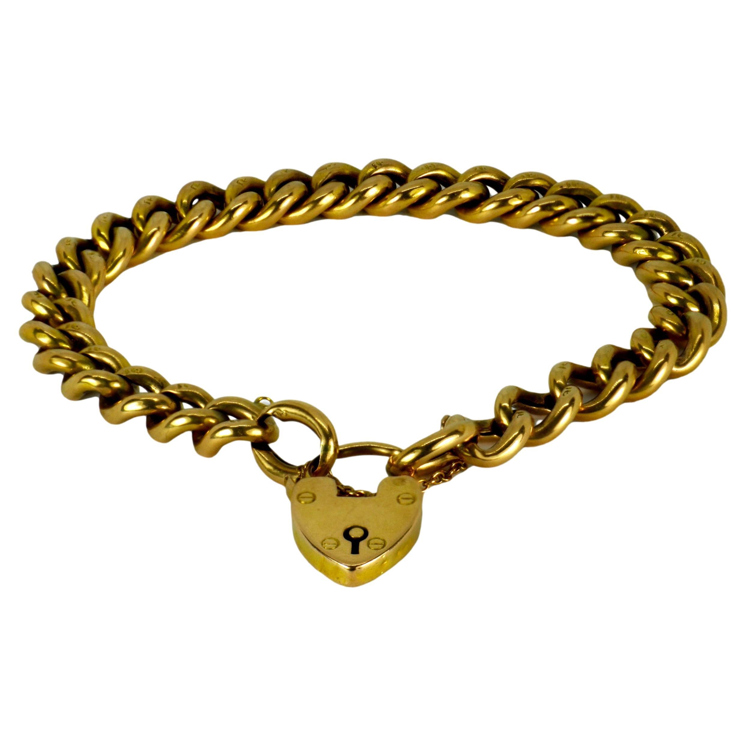 15K Yellow Gold Heart Padlock Curb Link Bracelet