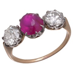 15kt Gold and Platinum Three-Stone Diamond and Natural Ruby Ring