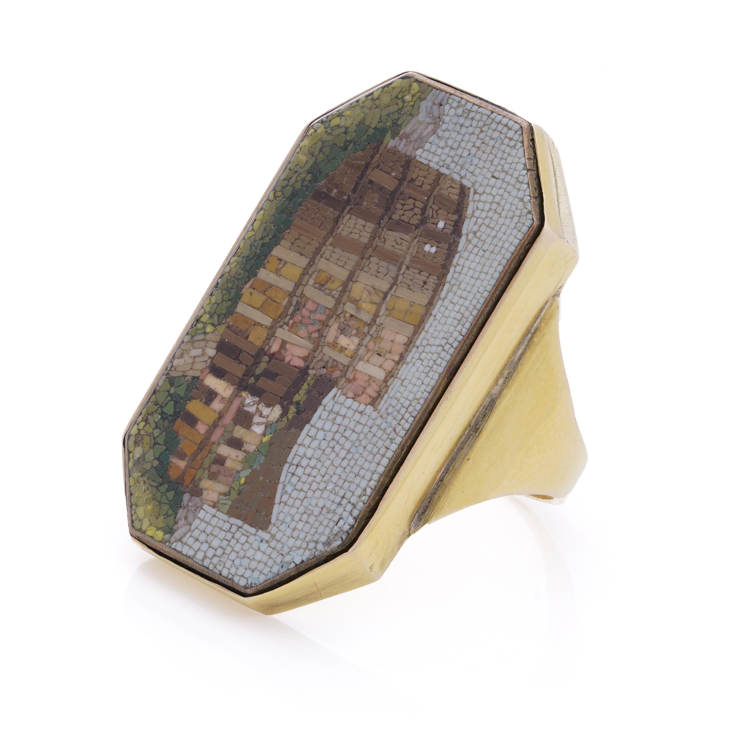 15kt. yellow gold men's micro mosaic ring featuring the Colosseum in Rome For Sale 1