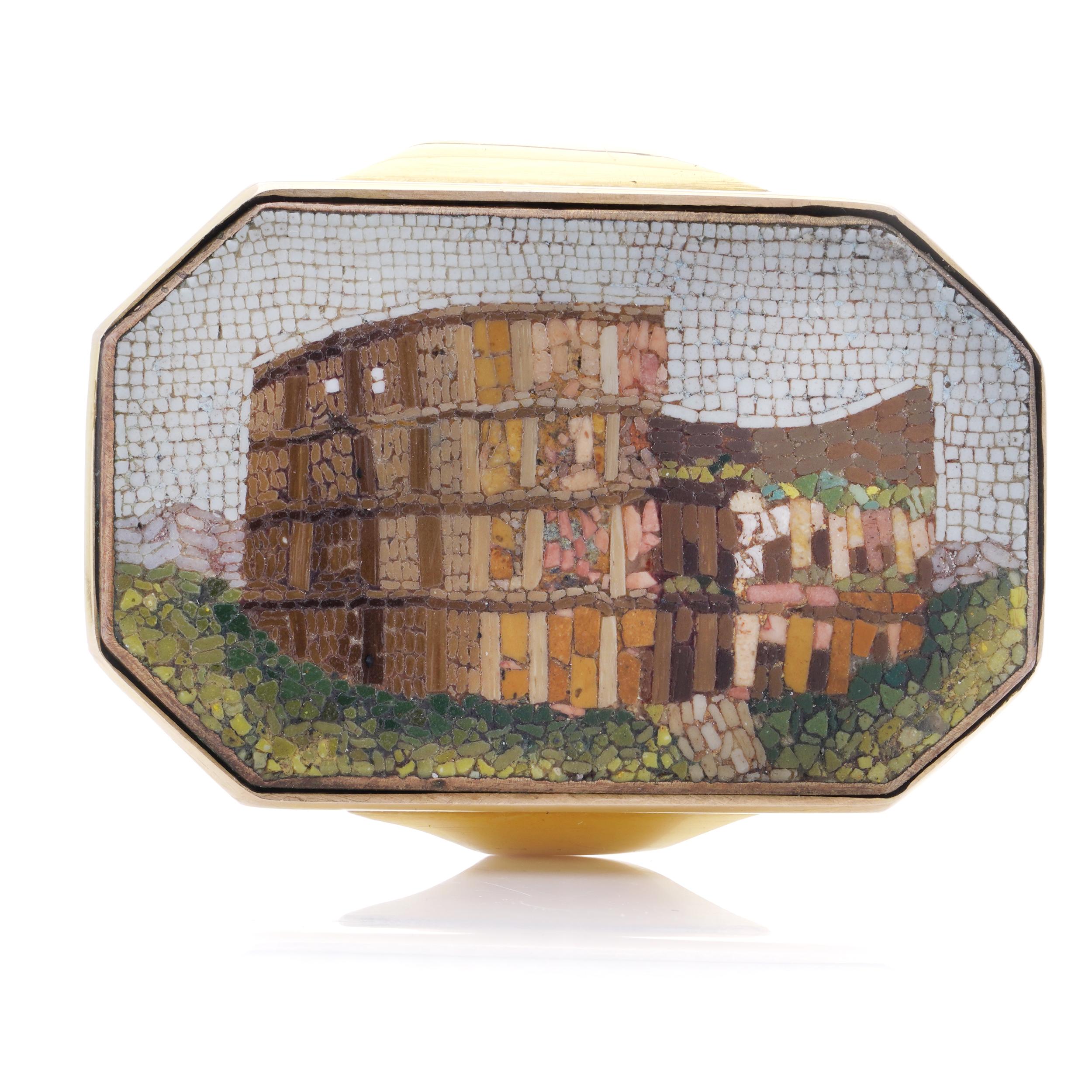 15kt. yellow gold men's micro mosaic ring featuring the Colosseum in Rome For Sale 3
