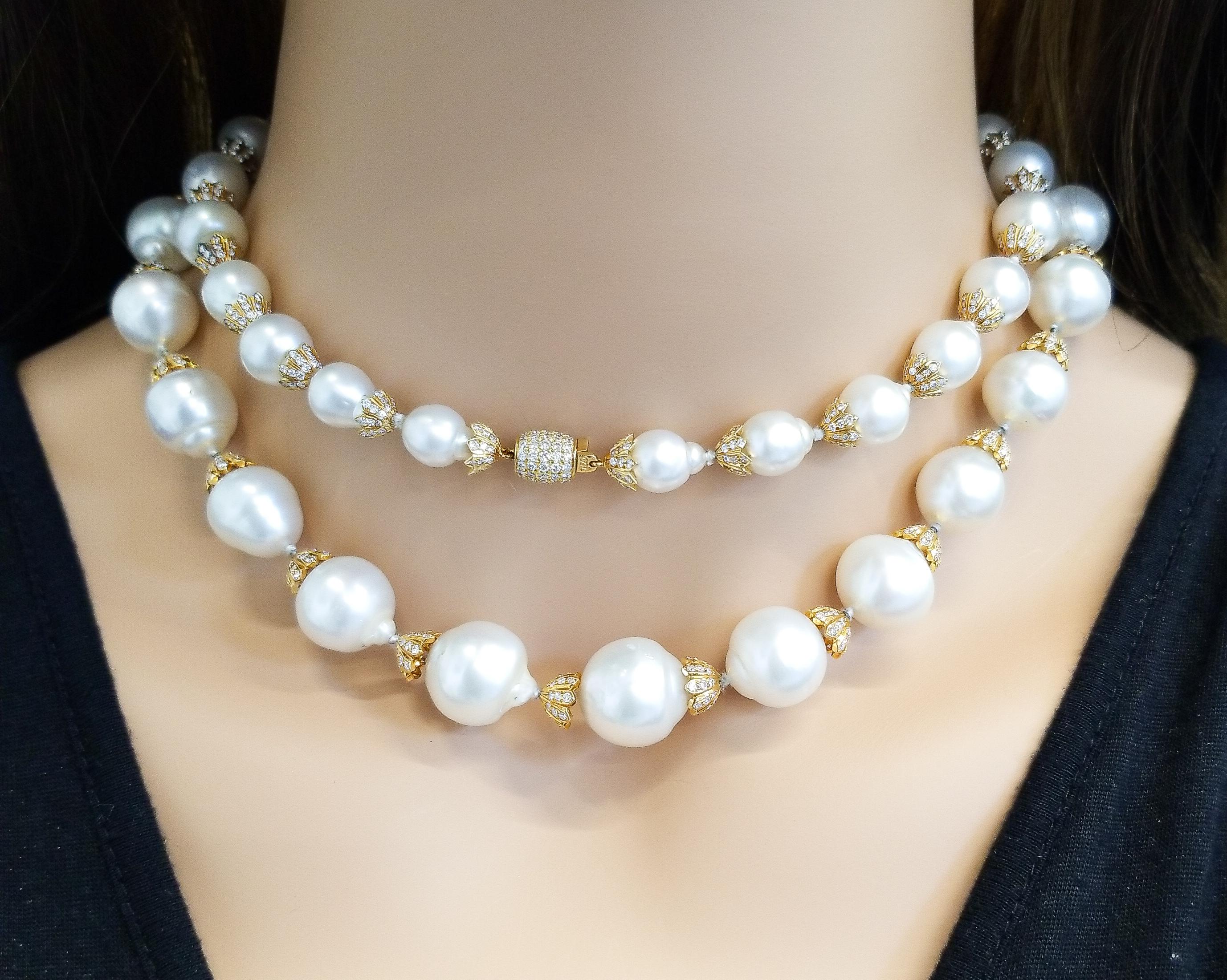 Contemporary Australian South Sea Pearl and Diamond Necklace with 18 Karat White Gold Clasp