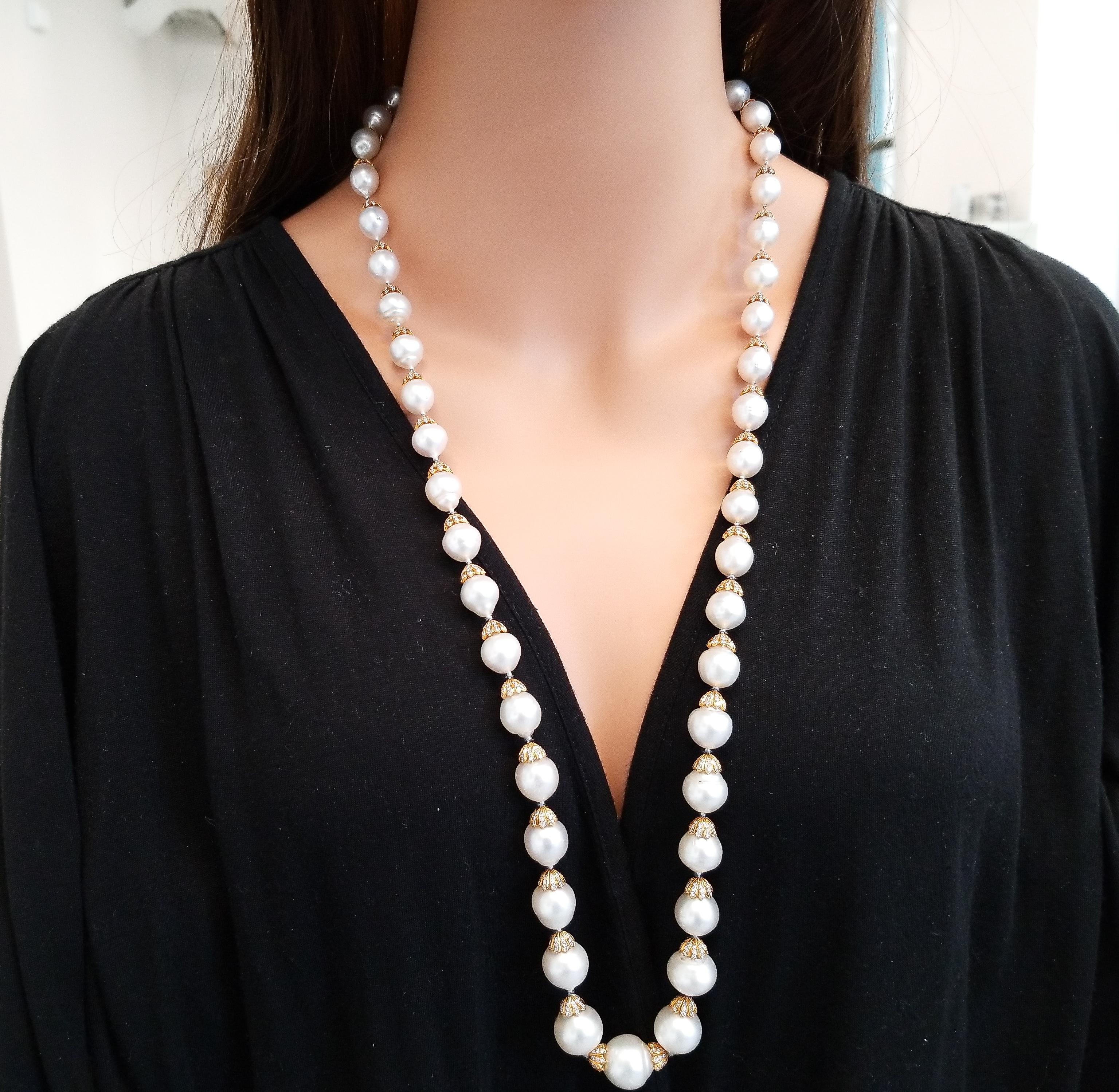 Round Cut Australian South Sea Pearl and Diamond Necklace with 18 Karat White Gold Clasp
