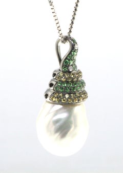 15mm Baroque South Sea Pearl Sapphire Diamond Pendant in 18K Gold and Rhodium