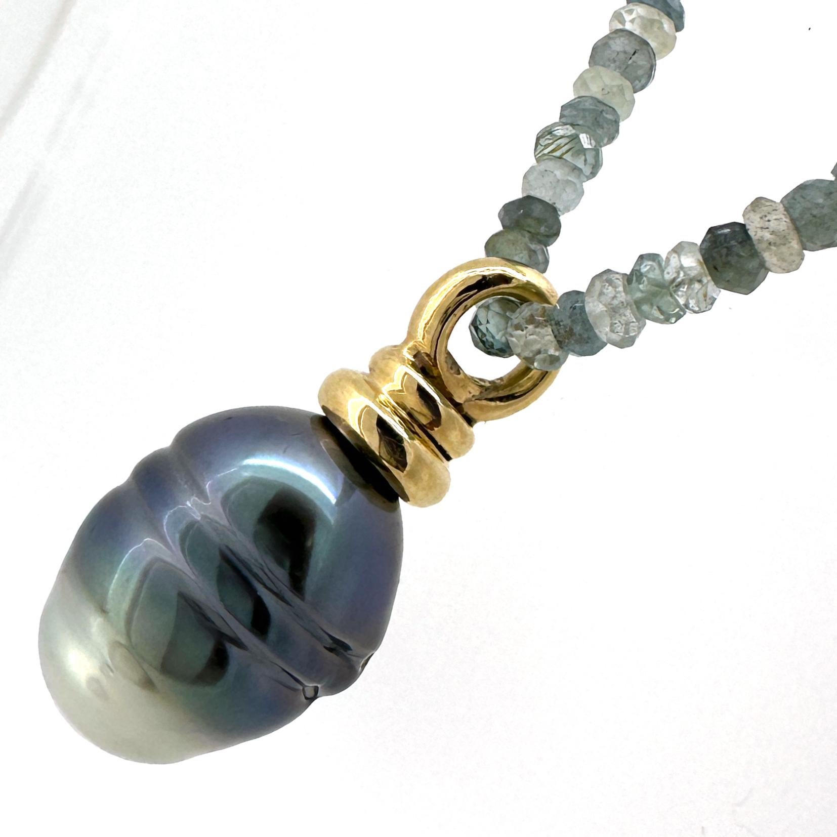 Contemporary 15mm Barrel-Shaped Tahitian Pearl Fob in Gold with Aquamarine & Zircon Chain  For Sale