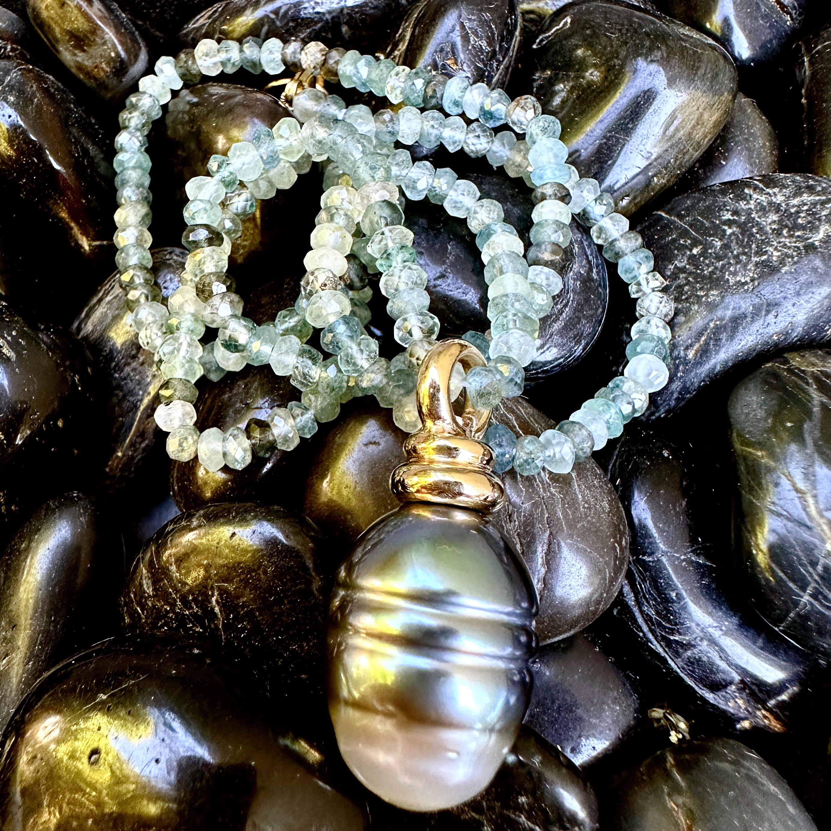 Uncut 15mm Barrel-Shaped Tahitian Pearl Fob in Gold with Aquamarine & Zircon Chain  For Sale