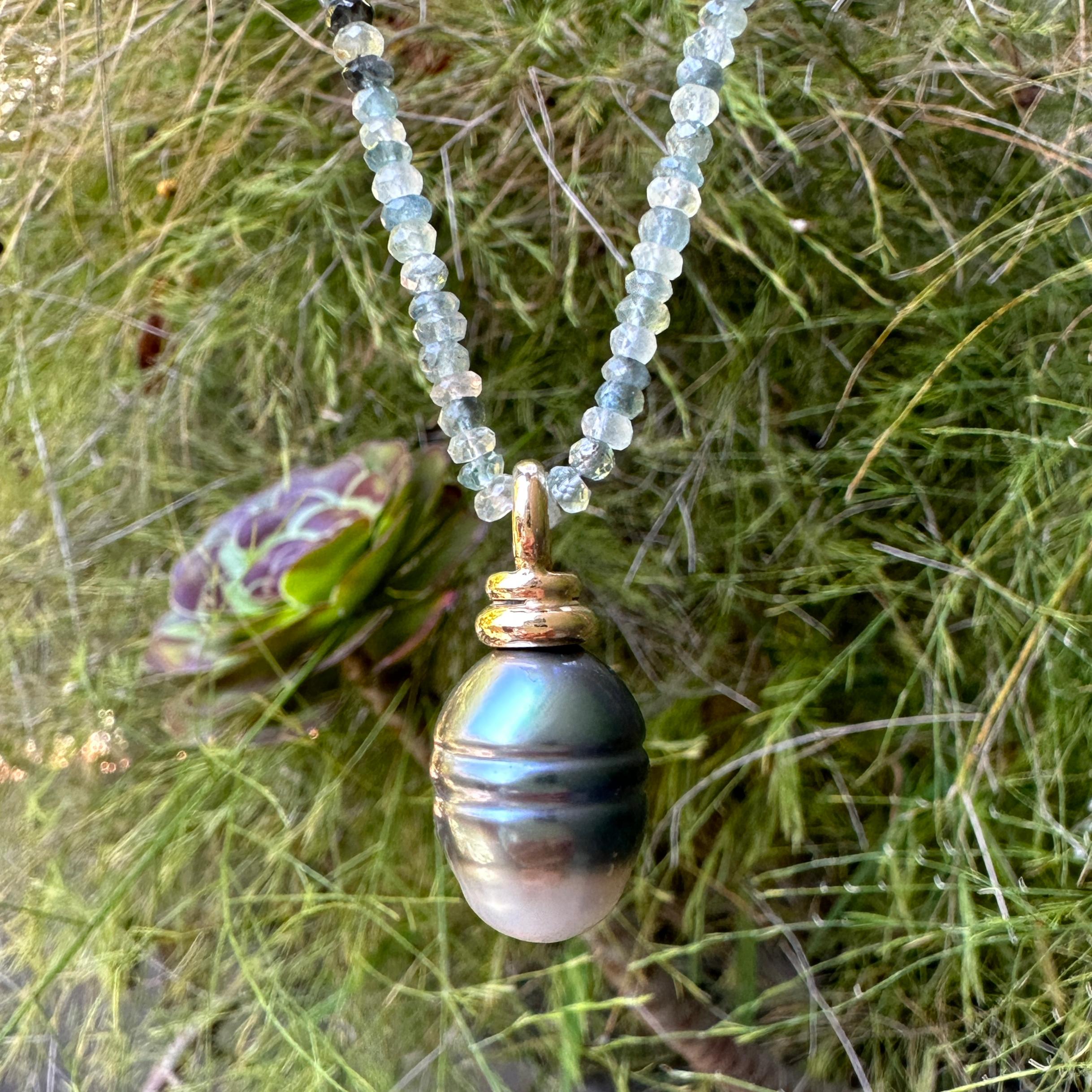 15mm Barrel-Shaped Tahitian Pearl Fob in Gold with Aquamarine & Zircon Chain  In New Condition For Sale In Sherman Oaks, CA