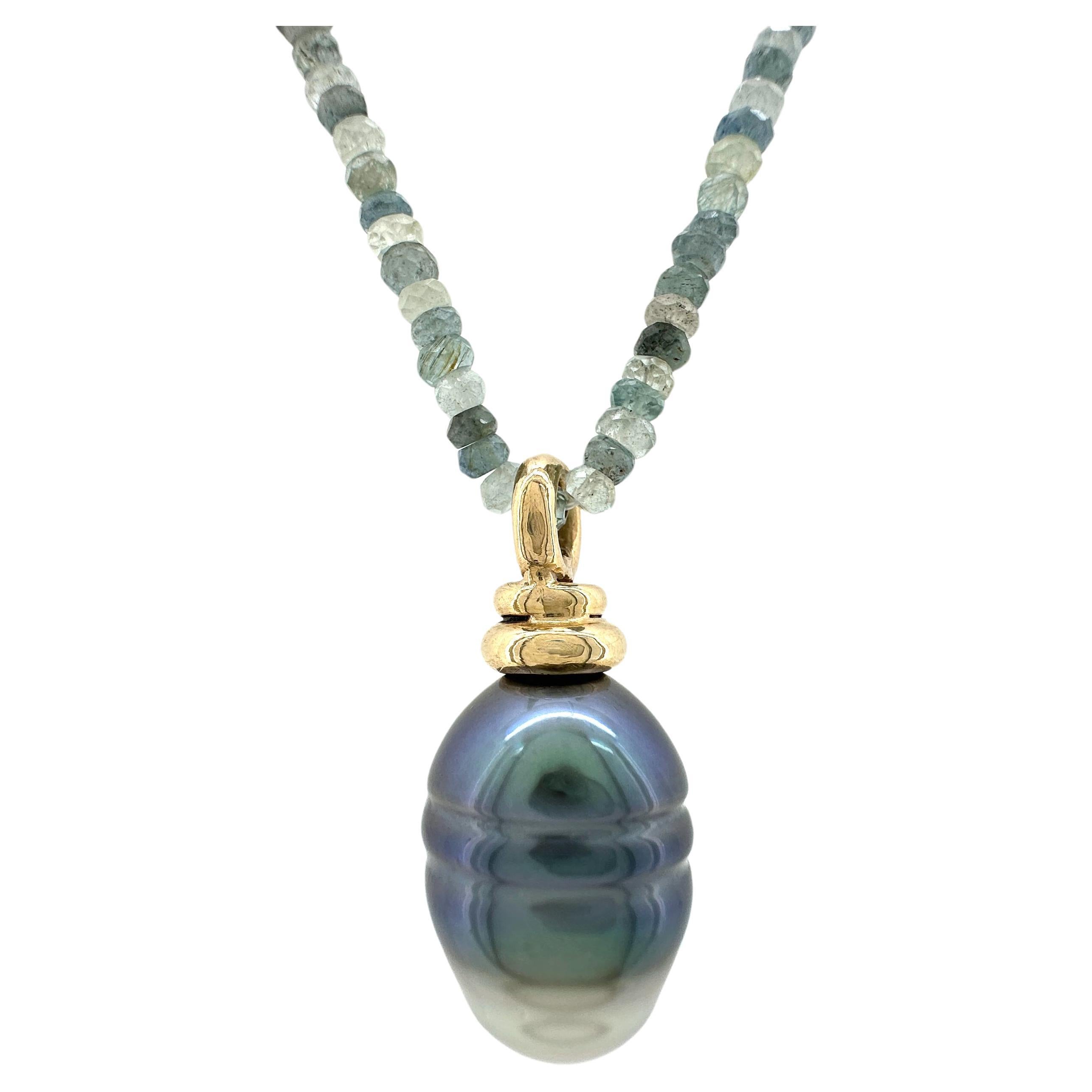 15mm Barrel-Shaped Tahitian Pearl Fob in Gold with Aquamarine & Zircon Chain 