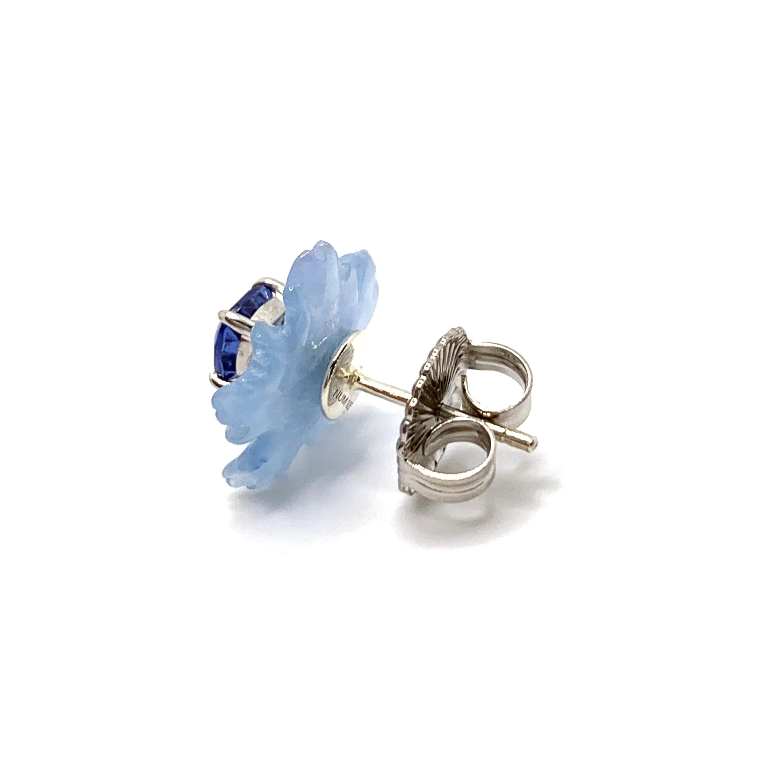 Mixed Cut 15mm Carved Blue Quartzite Flower and Cushion Sapphire Silver Earrings