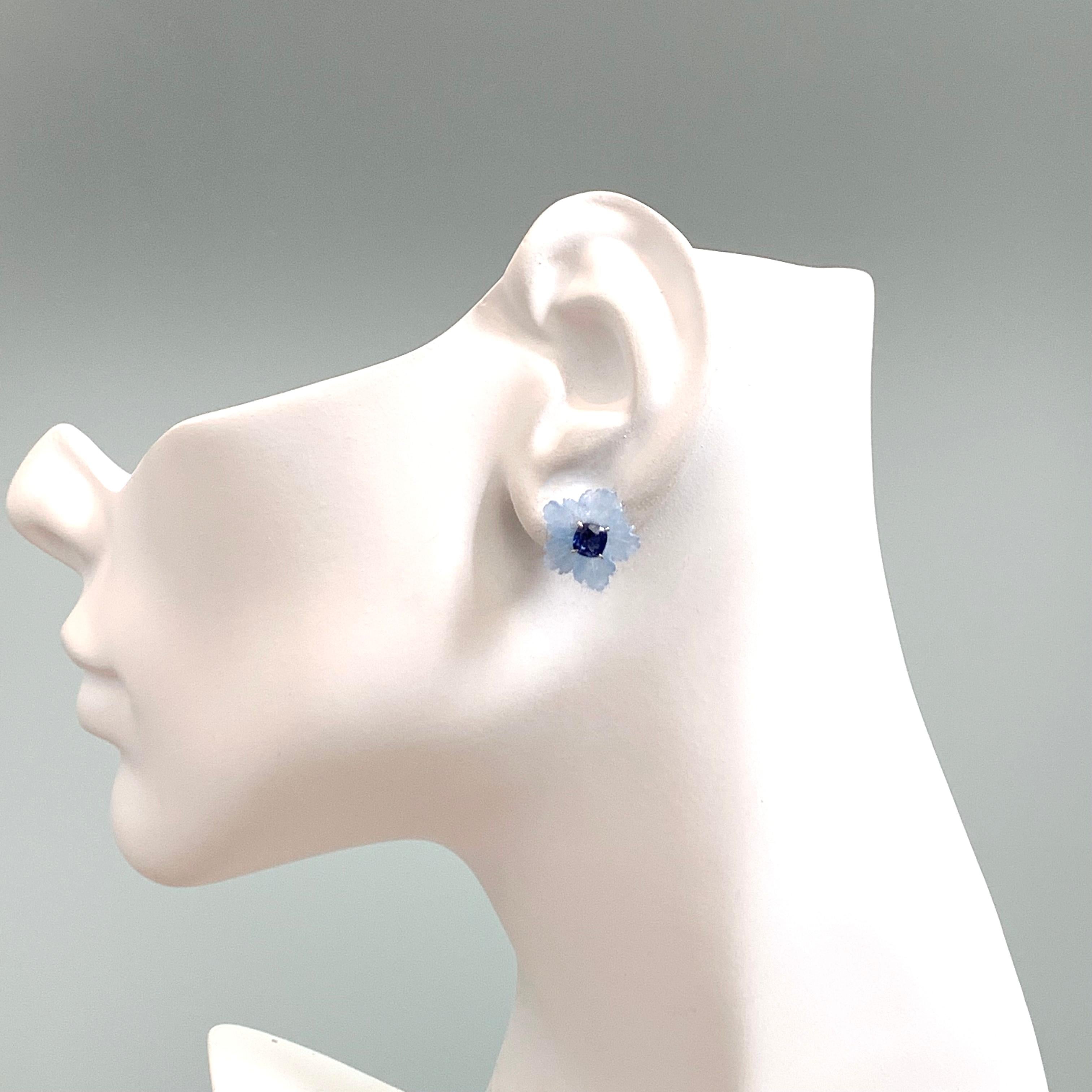 Women's 15mm Carved Blue Quartzite Flower and Cushion Sapphire Silver Earrings