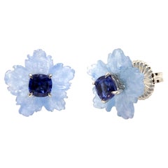 15mm Carved Blue Quartzite Flower and Cushion Sapphire Silver Earrings