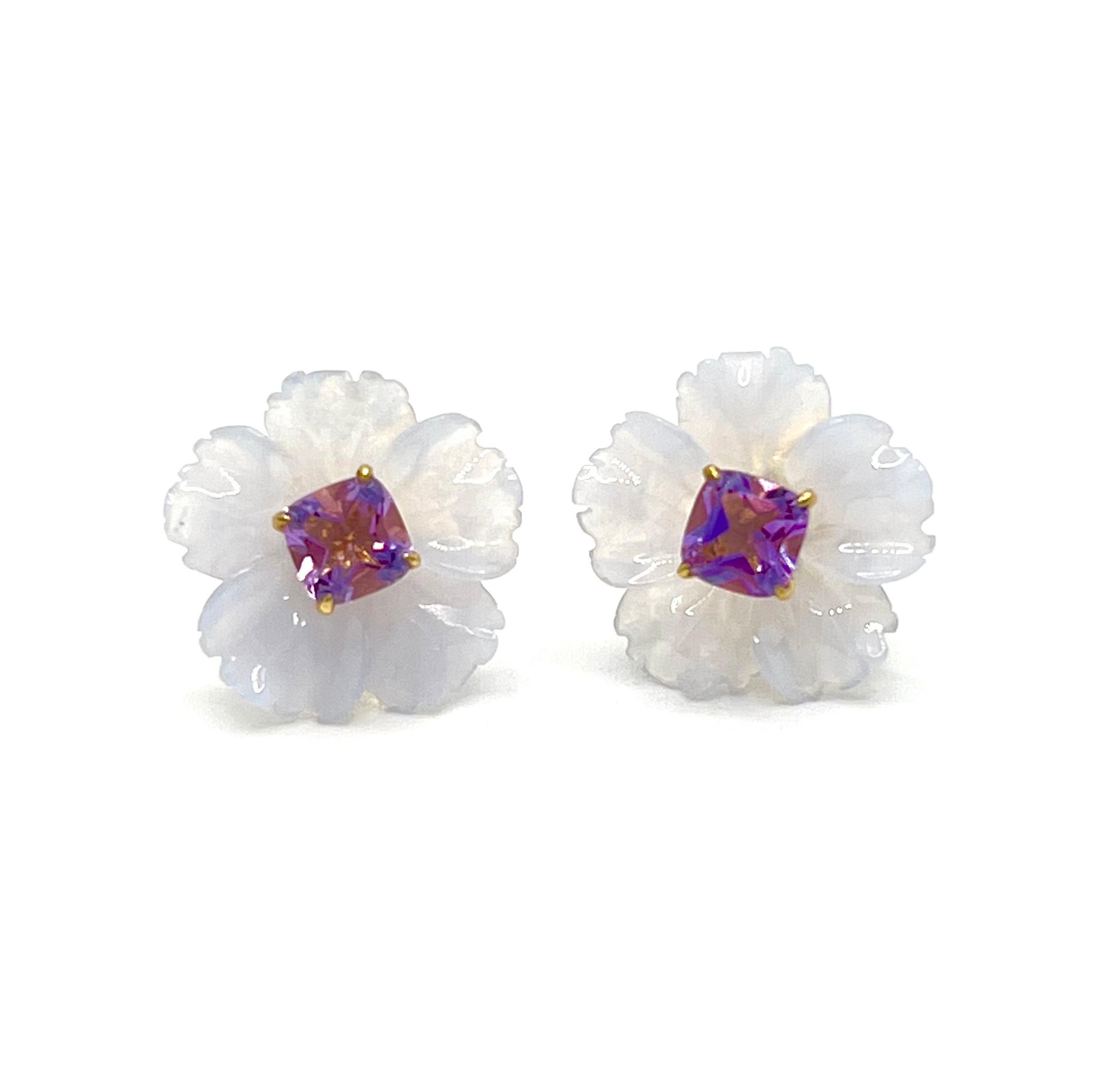 Artisan 15mm Carved Chalcedony Flower and Cushion Amethyst Vermeil Earrings For Sale