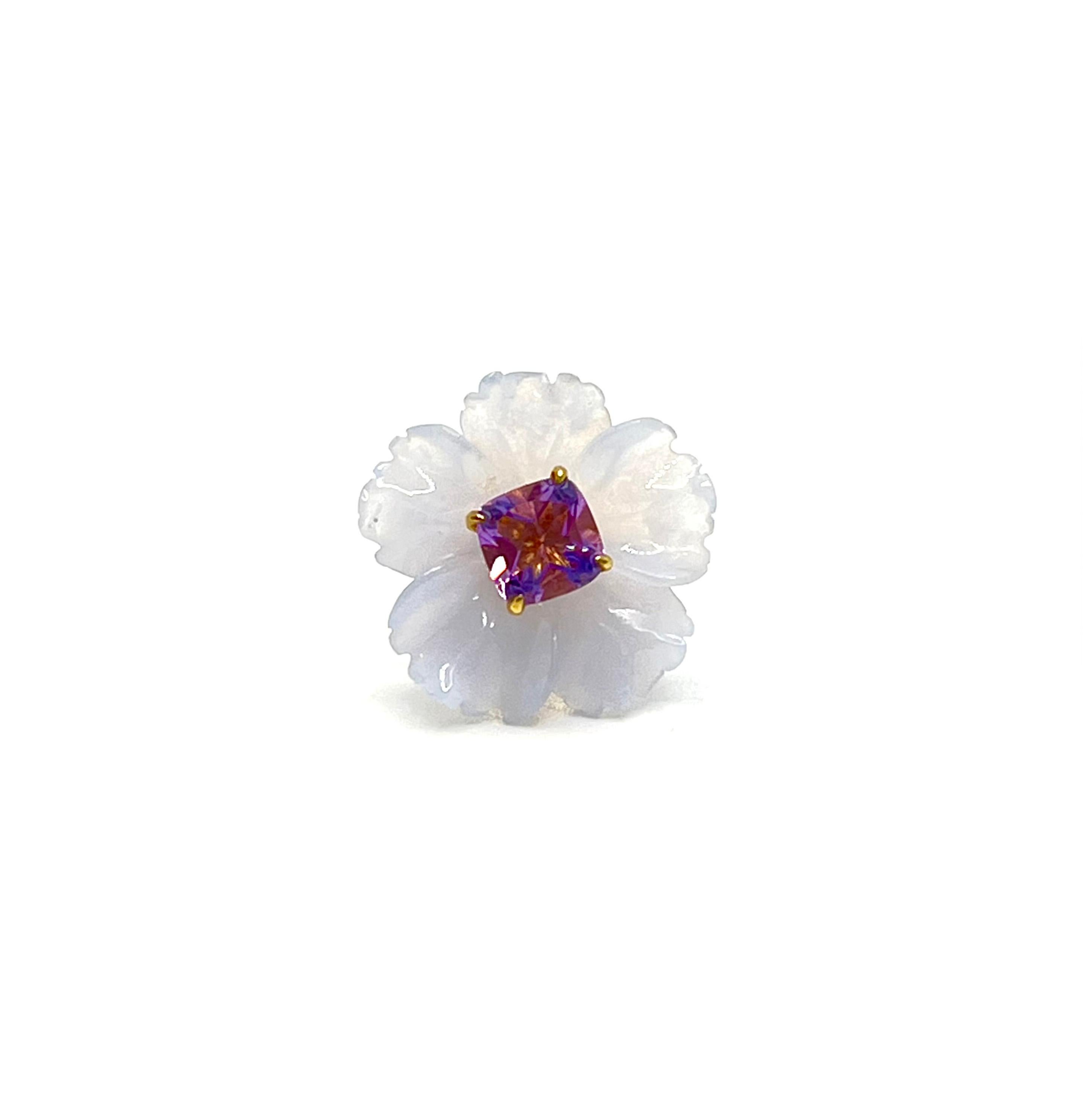 Cushion Cut 15mm Carved Chalcedony Flower and Cushion Amethyst Vermeil Earrings For Sale