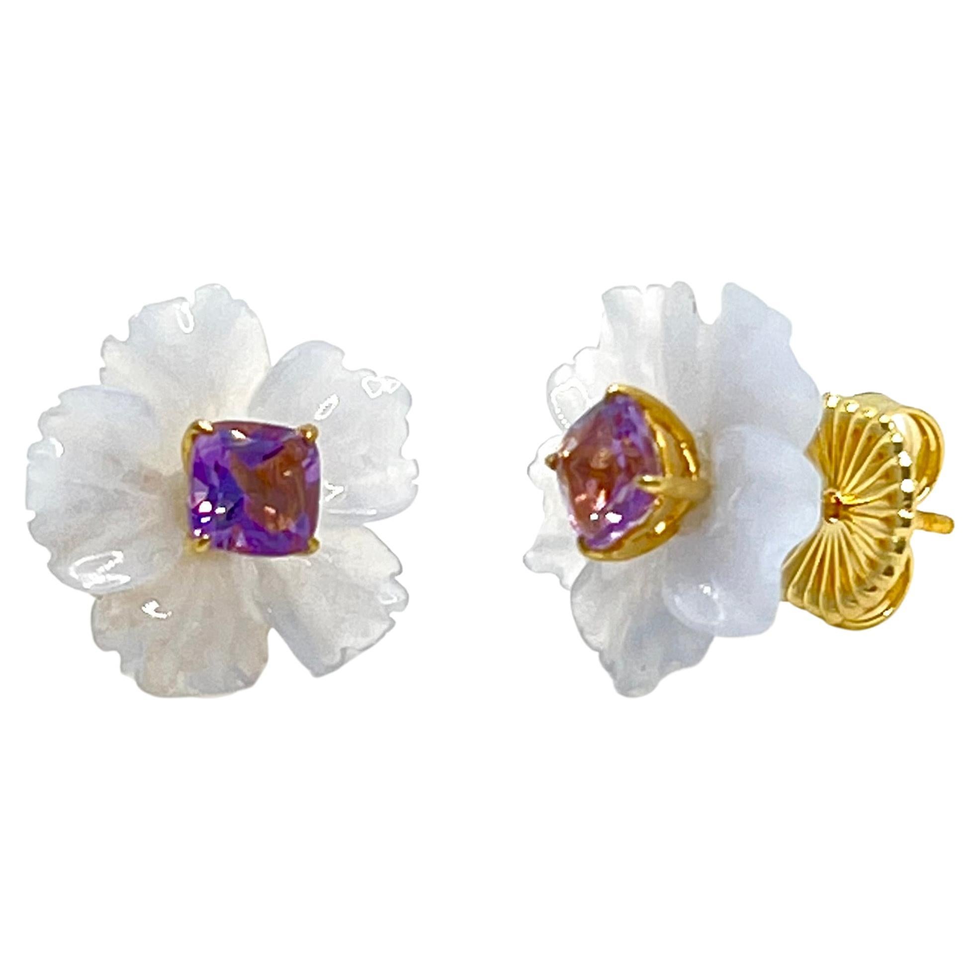 15mm Carved Chalcedony Flower and Cushion Amethyst Vermeil Earrings For Sale