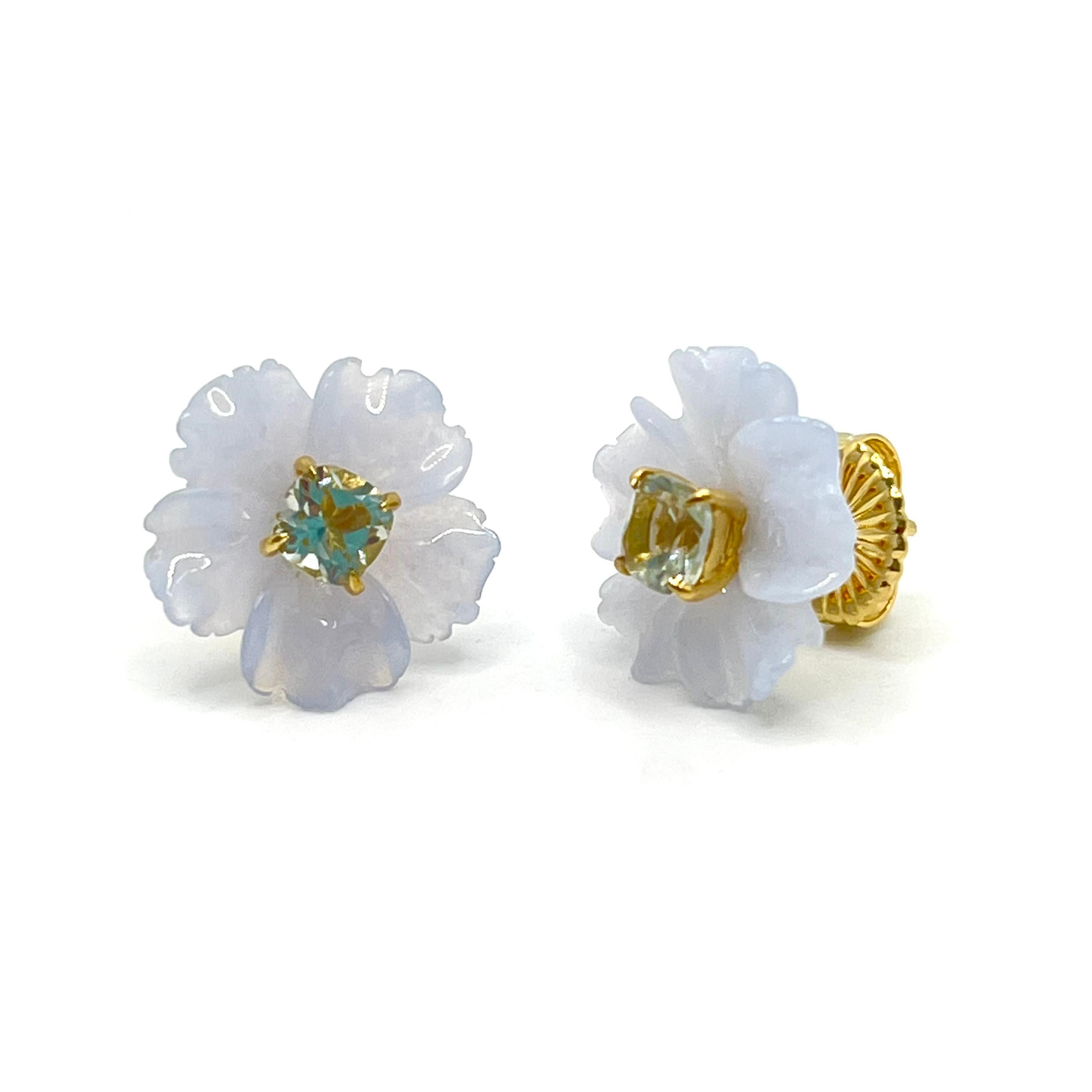 Artisan 15mm Carved Chalcedony Flower and Cushion Prasiolite Vermeil Earrings For Sale