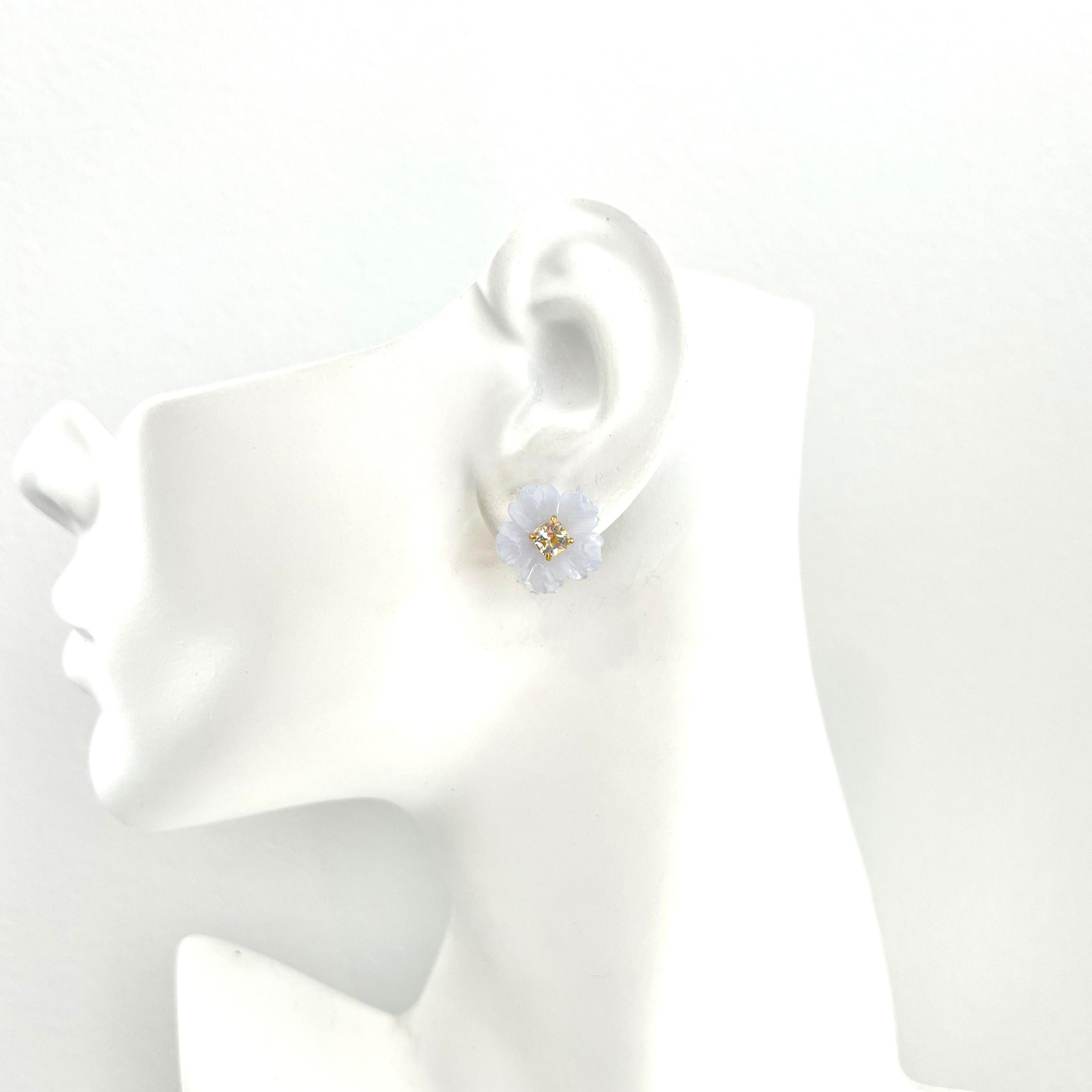 15mm geschnitzt Chalcedon Blume und Kissen Prasiolith Vermeil Ohrringe Damen im Angebot