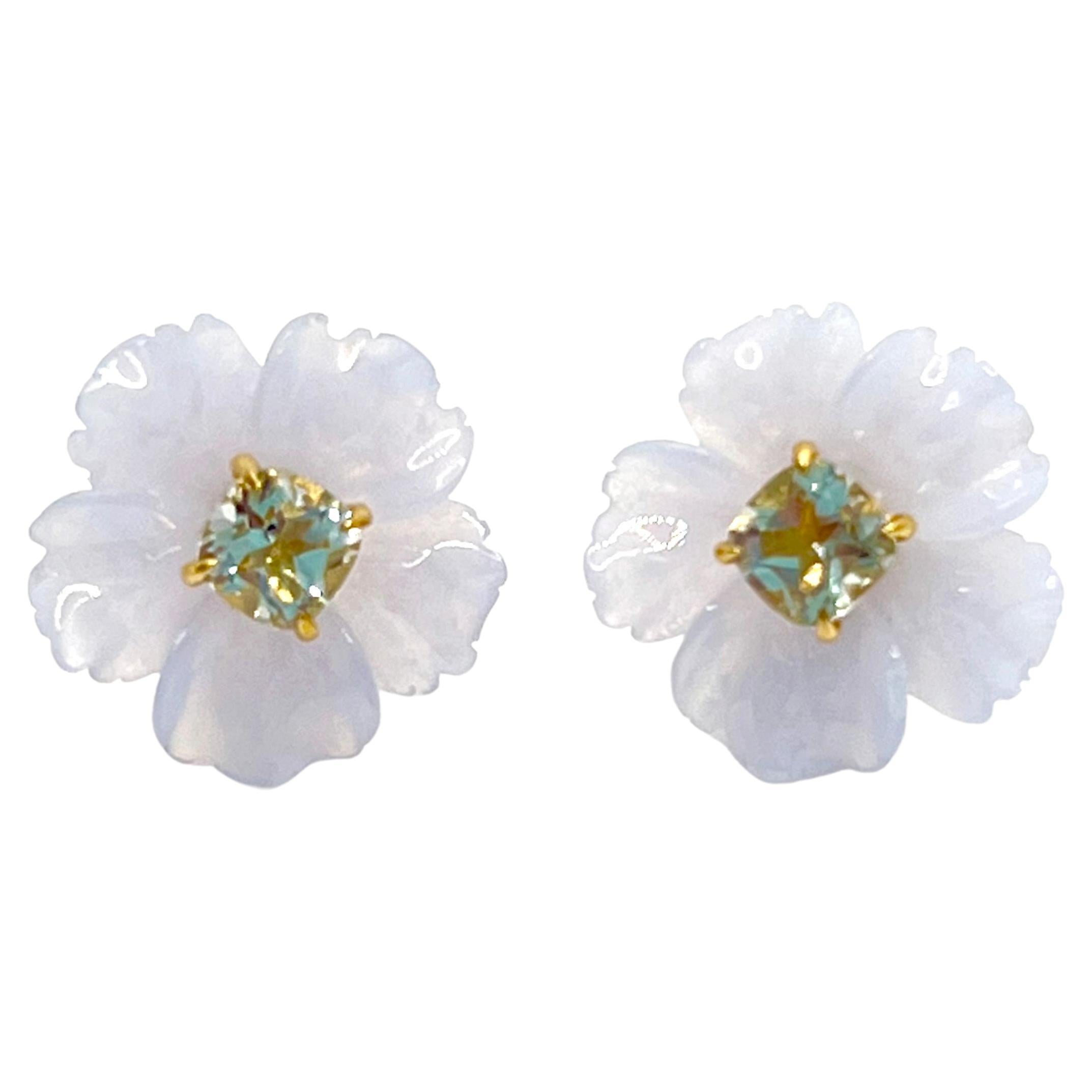 15mm Carved Chalcedony Flower and Cushion Prasiolite Vermeil Earrings