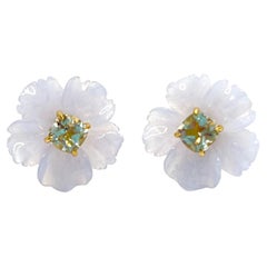 Used 15mm Carved Chalcedony Flower and Cushion Prasiolite Vermeil Earrings