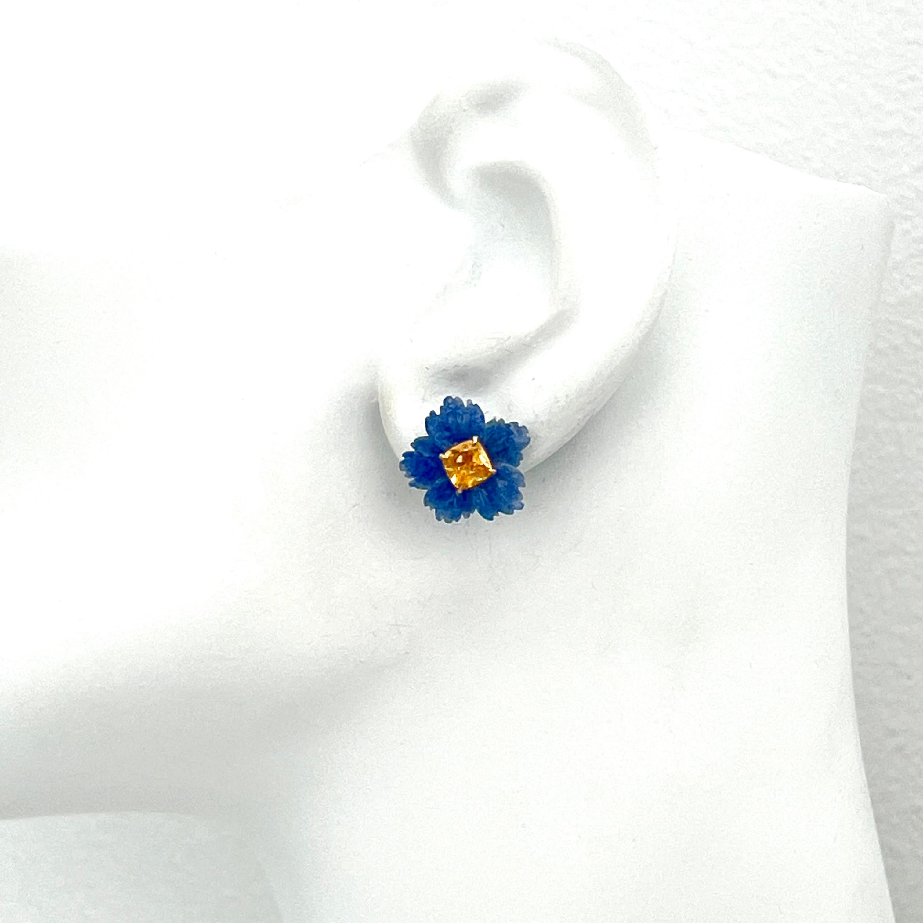 Artisan 15mm Carved Dumortierite Flower and Cushion Citrine Vermeil Earrings For Sale