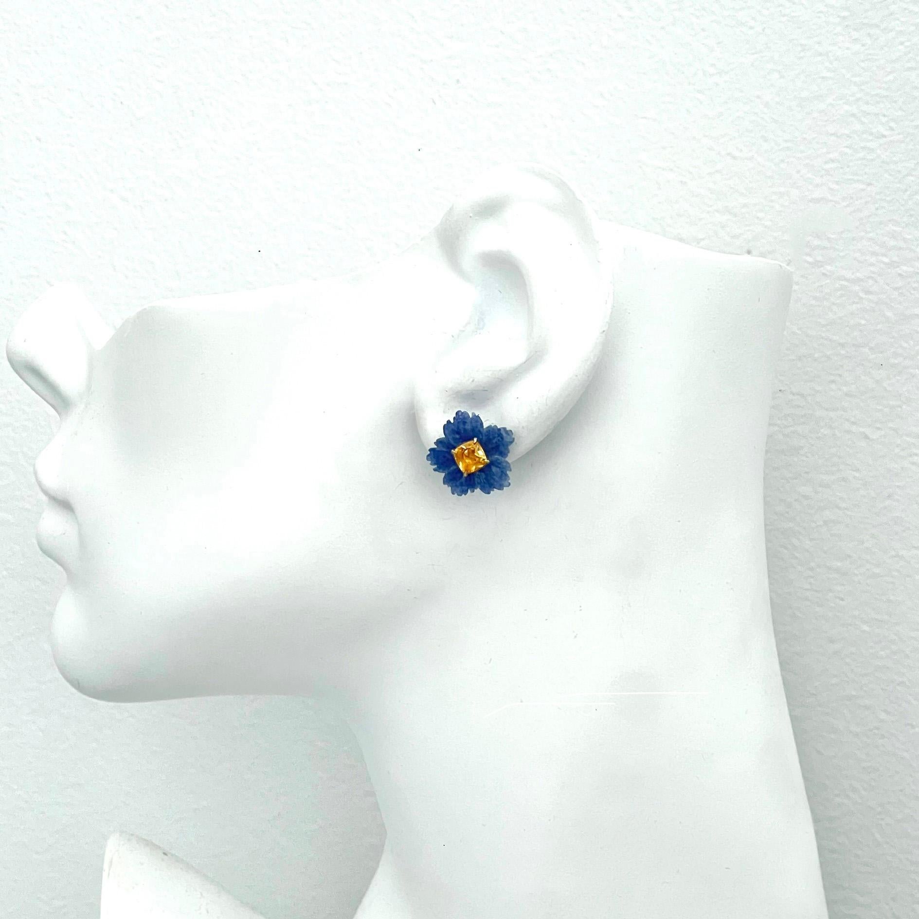 Cushion Cut 15mm Carved Dumortierite Flower and Cushion Citrine Vermeil Earrings For Sale
