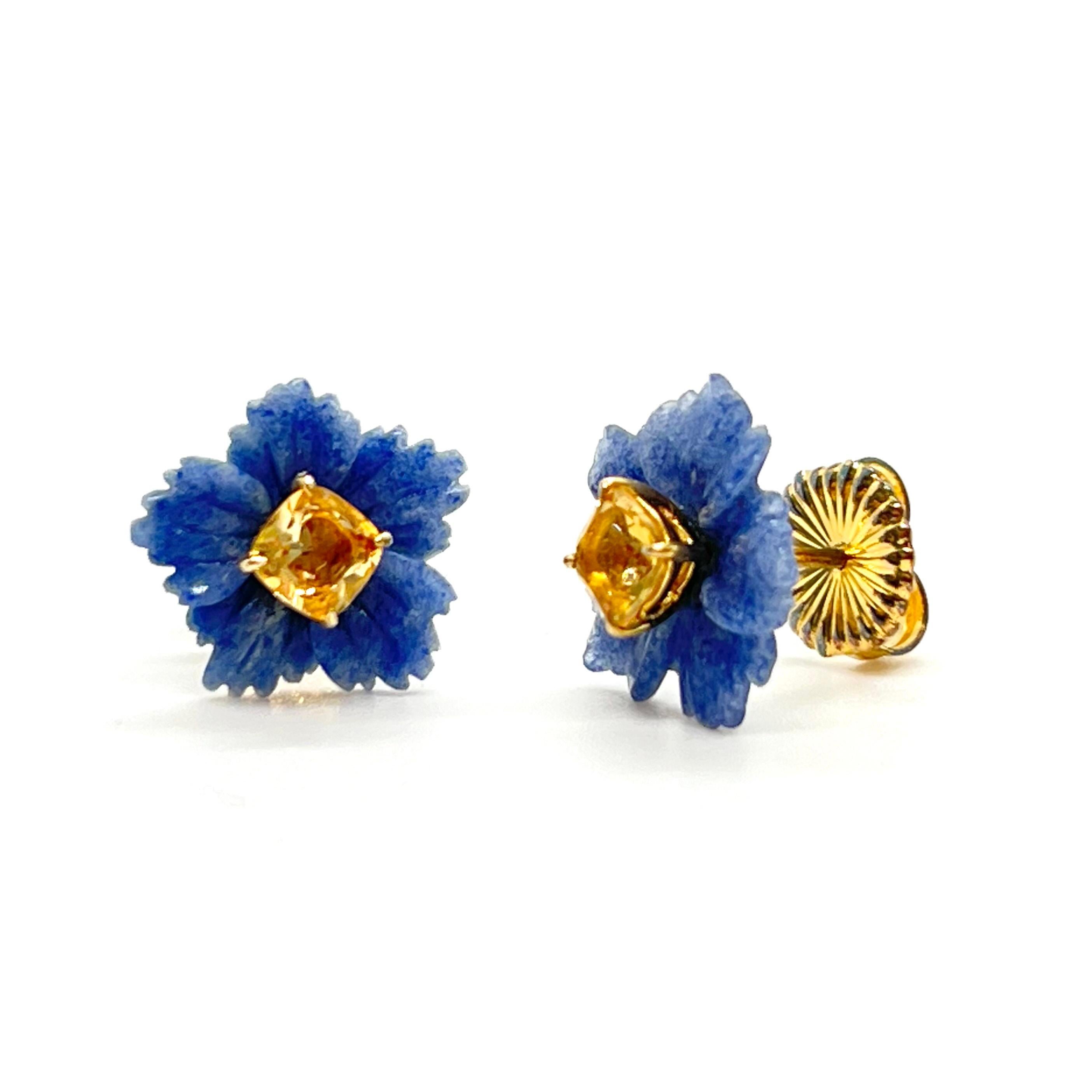15mm Carved Dumortierite Flower and Cushion Citrine Vermeil Earrings In New Condition For Sale In Los Angeles, CA