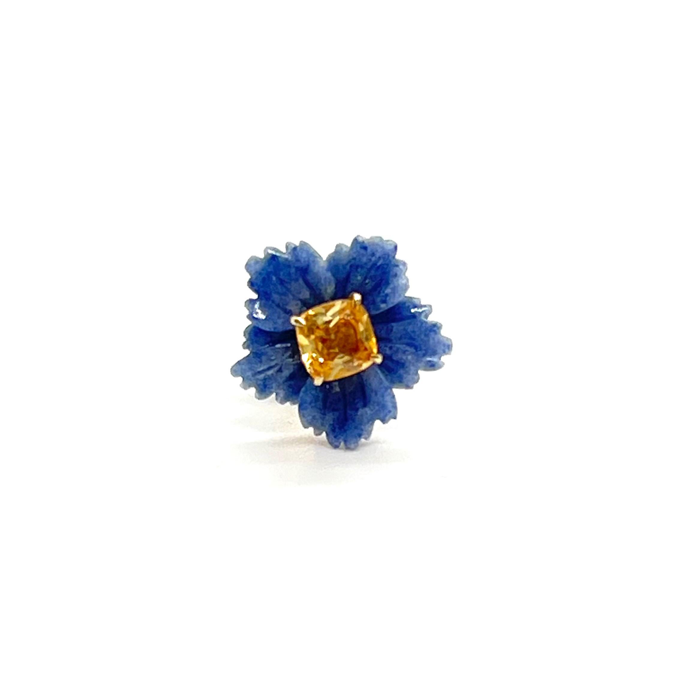 Women's 15mm Carved Dumortierite Flower and Cushion Citrine Vermeil Earrings For Sale