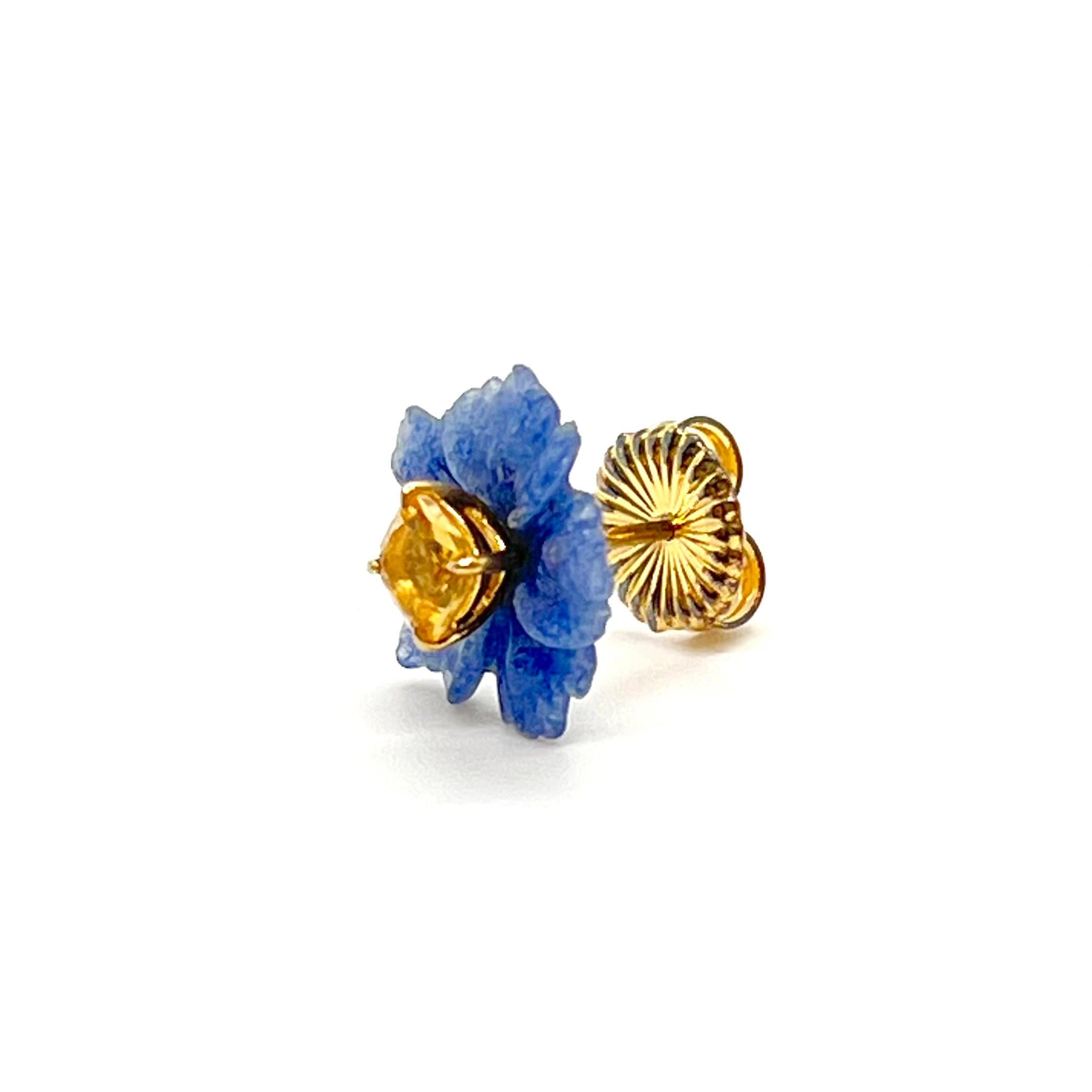 15mm Carved Dumortierite Flower and Cushion Citrine Vermeil Earrings For Sale 1