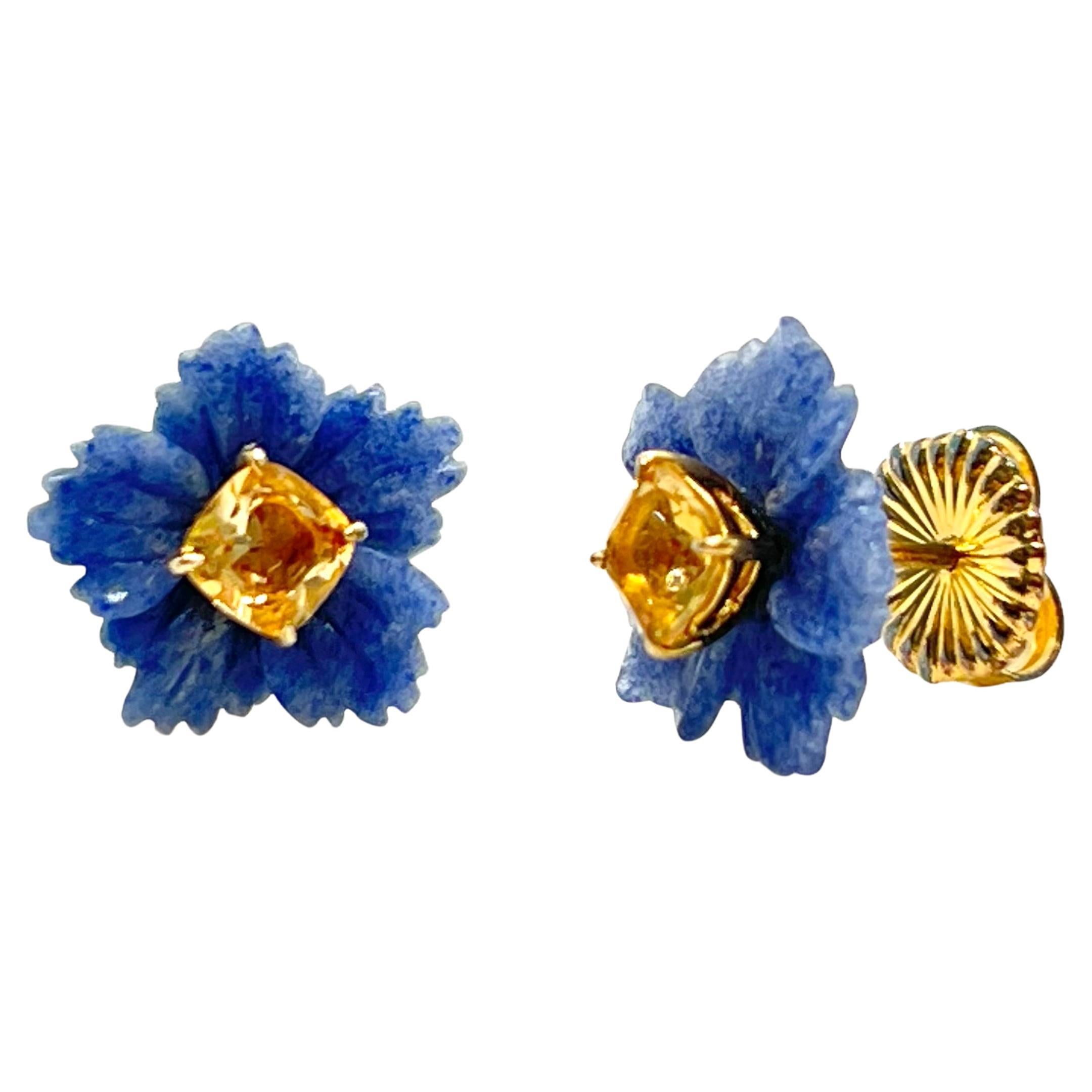 15mm Carved Dumortierite Flower and Cushion Citrine Vermeil Earrings For Sale