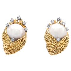 15mm Mabe Pearl & Diamond 14K Gold Retro Era Lever Back Earrings