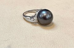 15MM  Round Black Tahitian  Pearl & Diamond Platinum Ring Size 5.5