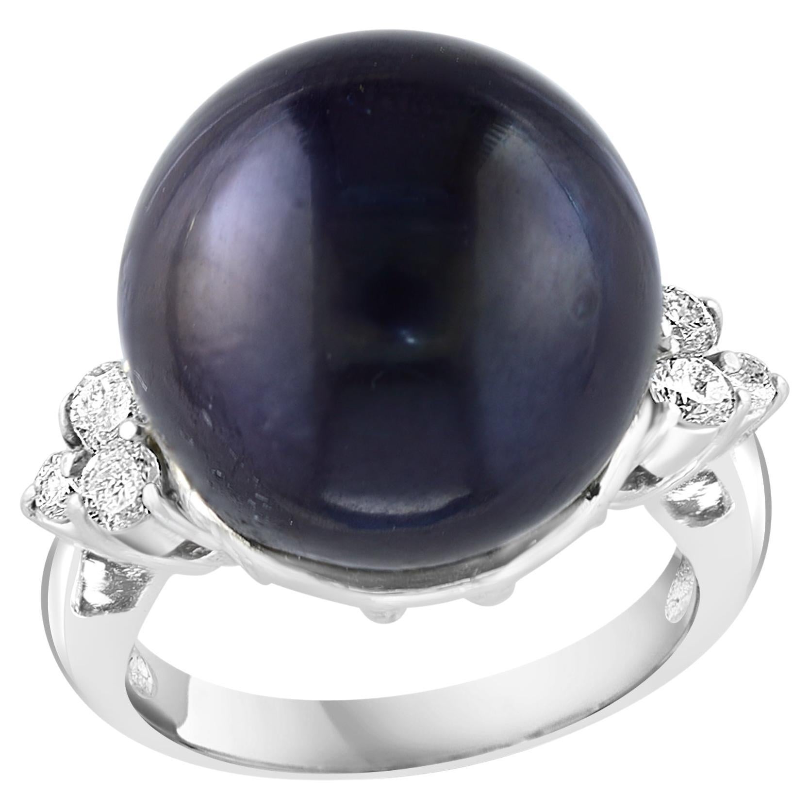 15MM  Tahiti ronde noire  Bague en platine avec perles et diamants, taille 5,5
