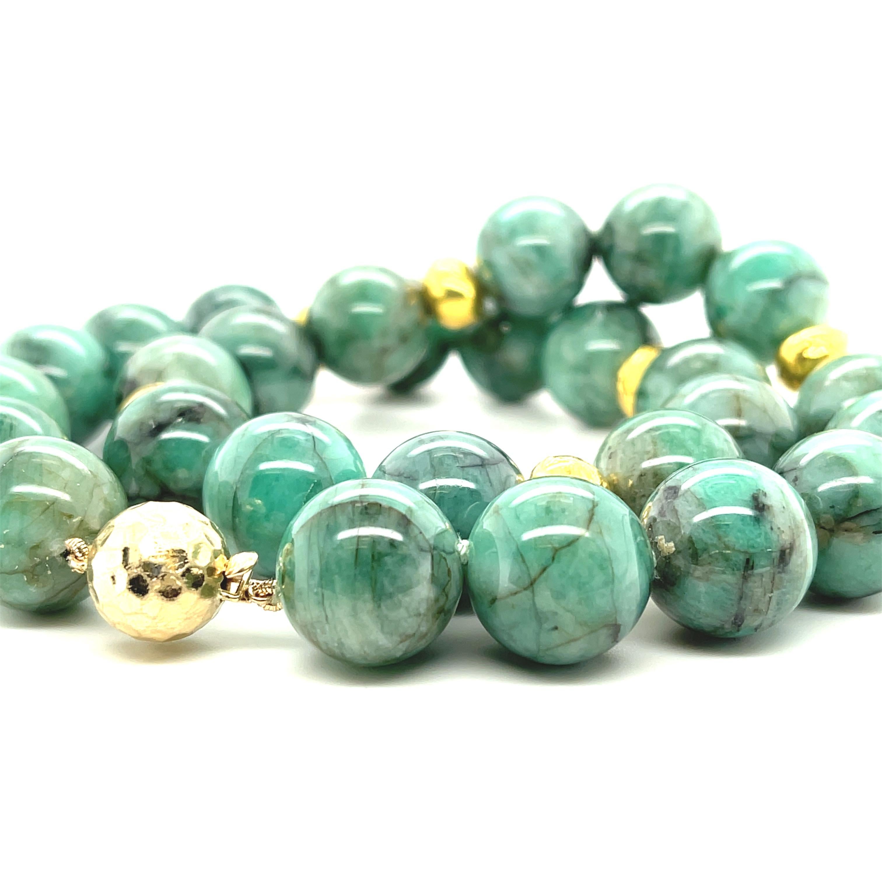 Artisan 15mm Round Emerald Beaded Necklace with Yellow Gold Accents, 18 Inches For Sale