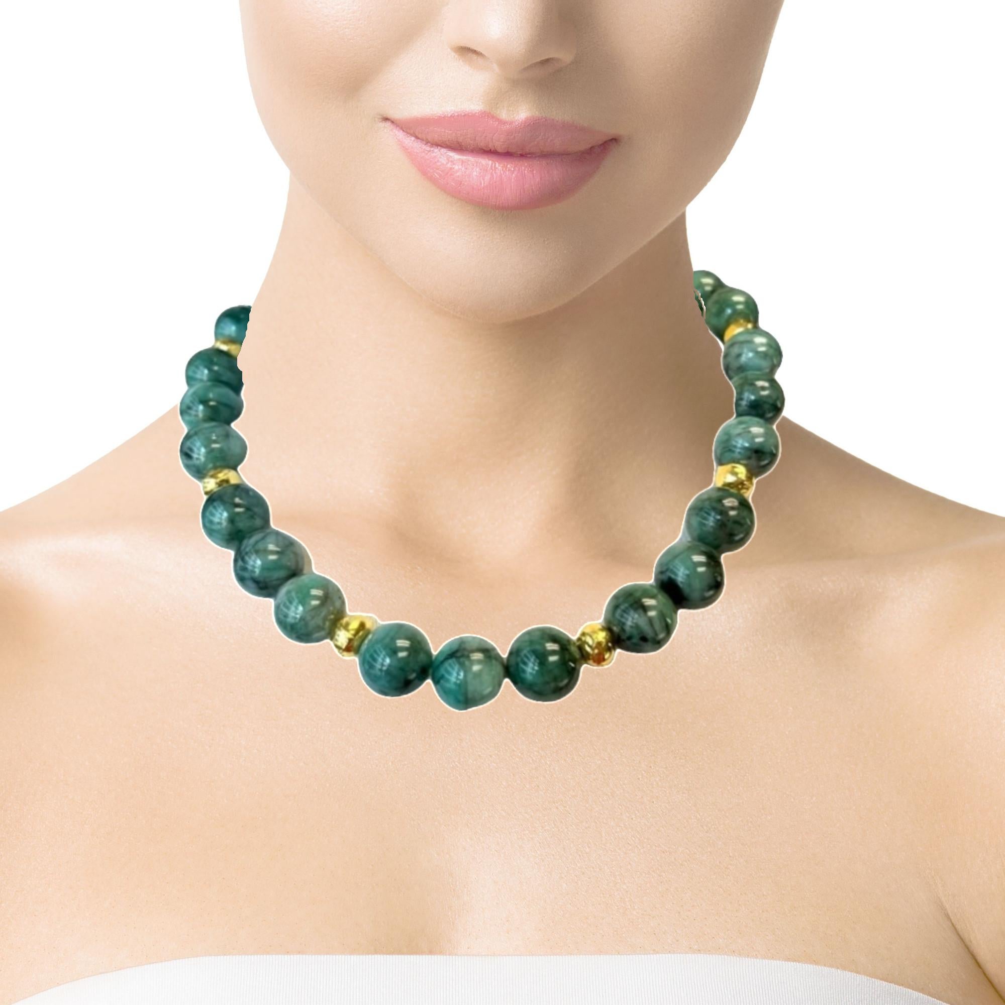 15mm Round Emerald Beaded Necklace with Yellow Gold Accents, 18 Inches For Sale 2
