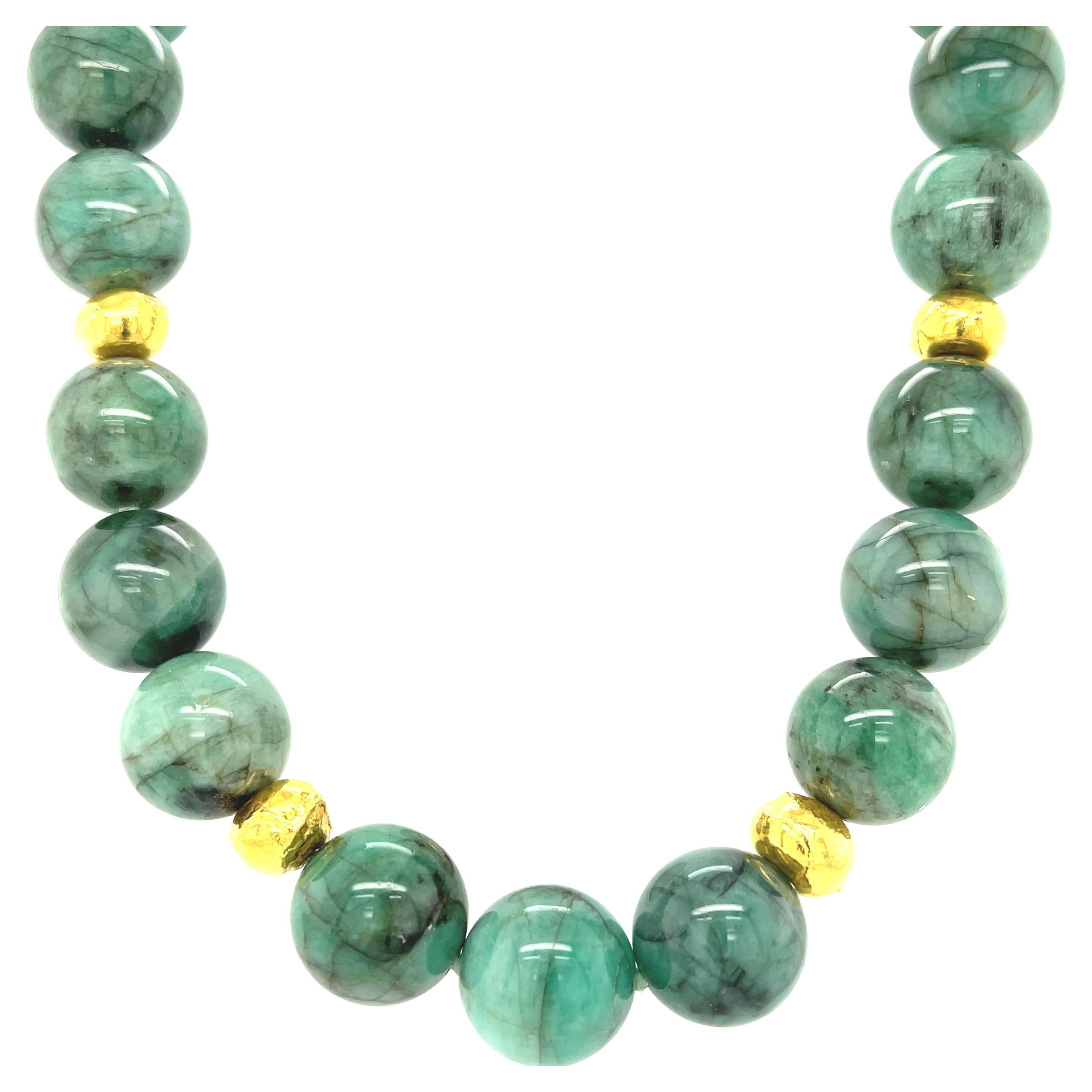 15mm Round Emerald Beaded Necklace with Yellow Gold Accents, 18 Inches For Sale