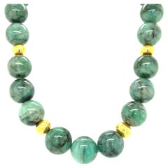 15mm Round Emerald Beaded Necklace with Yellow Gold Accents, 18 Inches