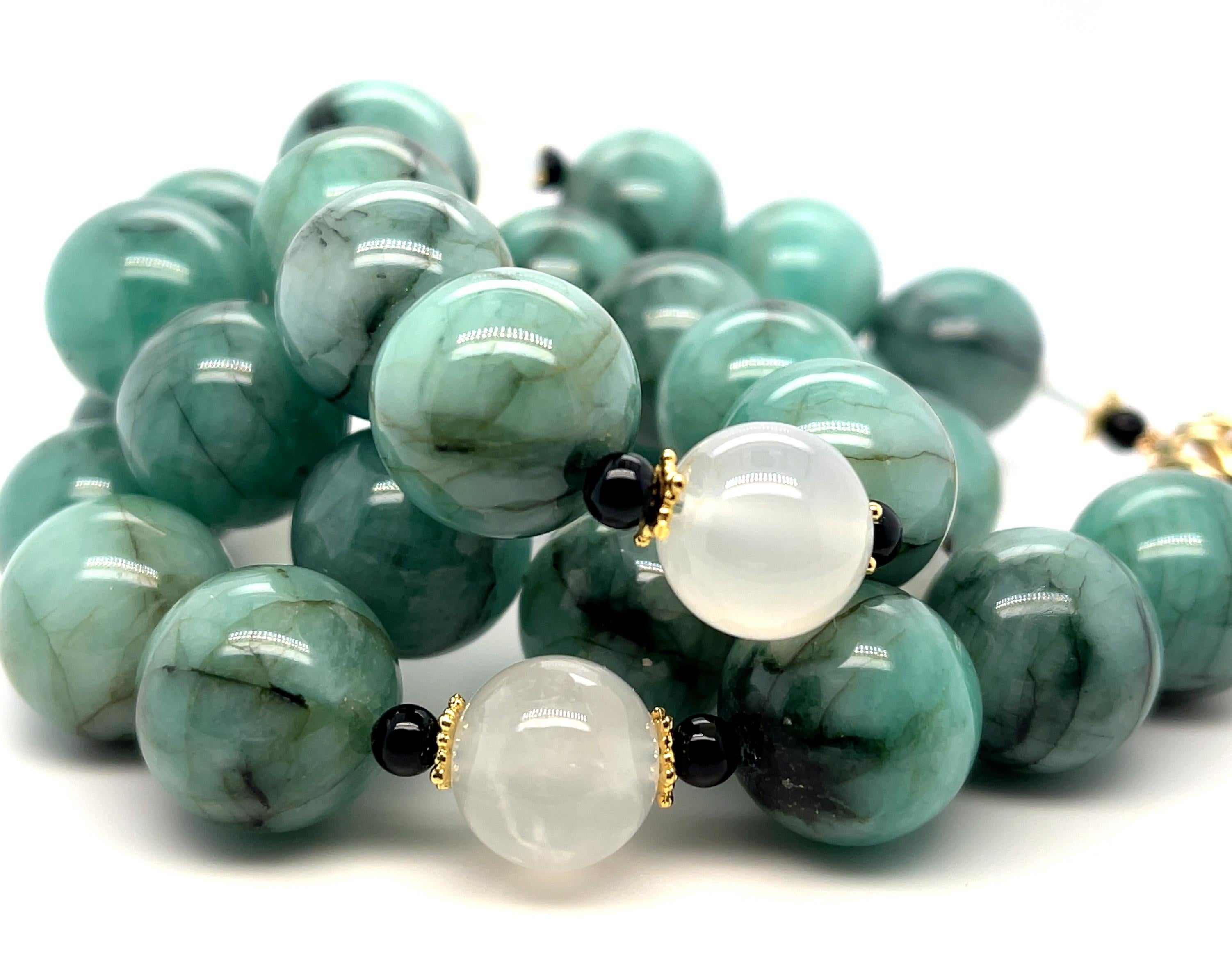 Artisan Natural Emerald Beaded Necklace with Moonstone, Onyx, and Yellow Gold Accents For Sale