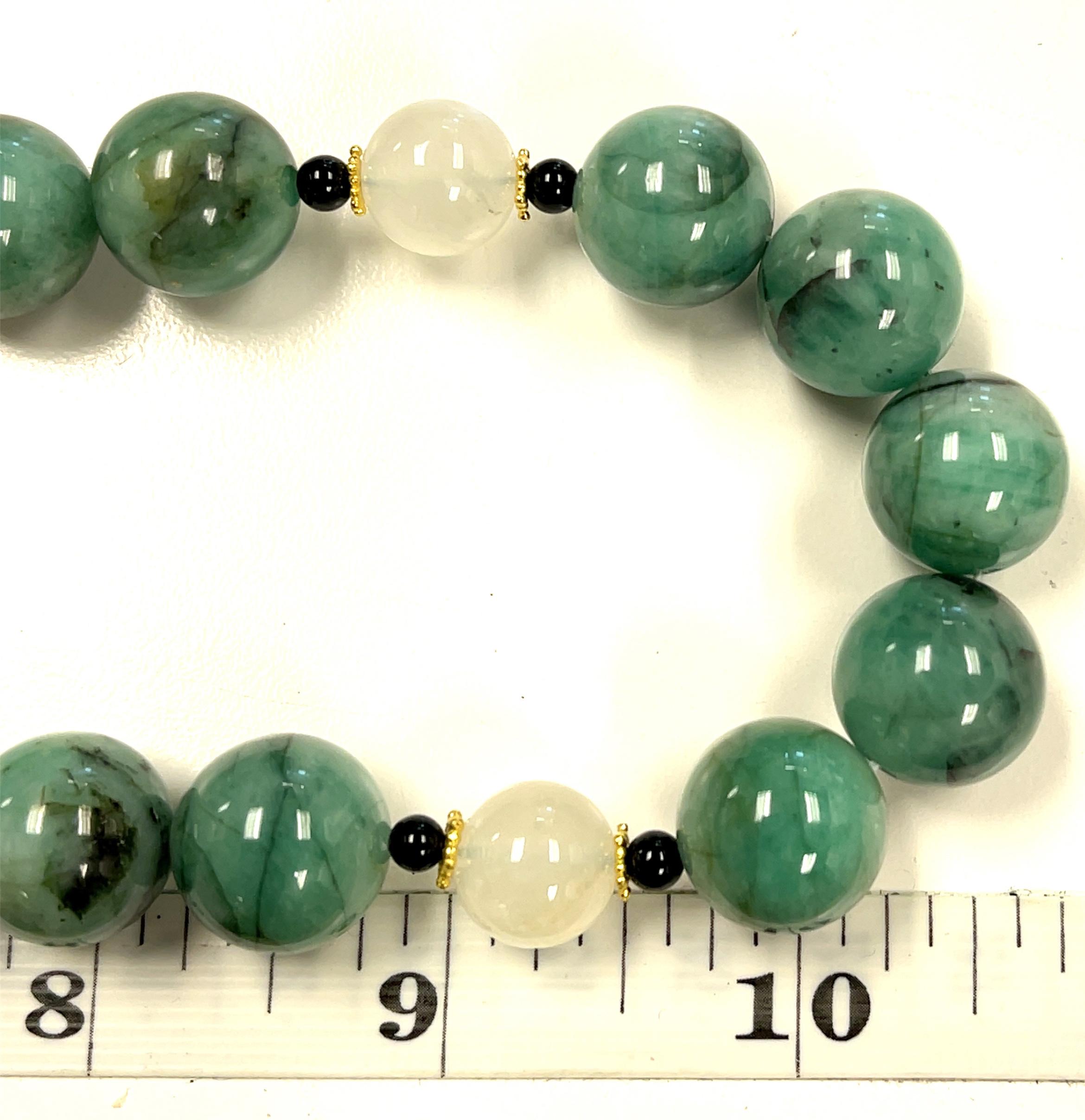 Natural Emerald Beaded Necklace with Moonstone, Onyx, and Yellow Gold Accents For Sale 1