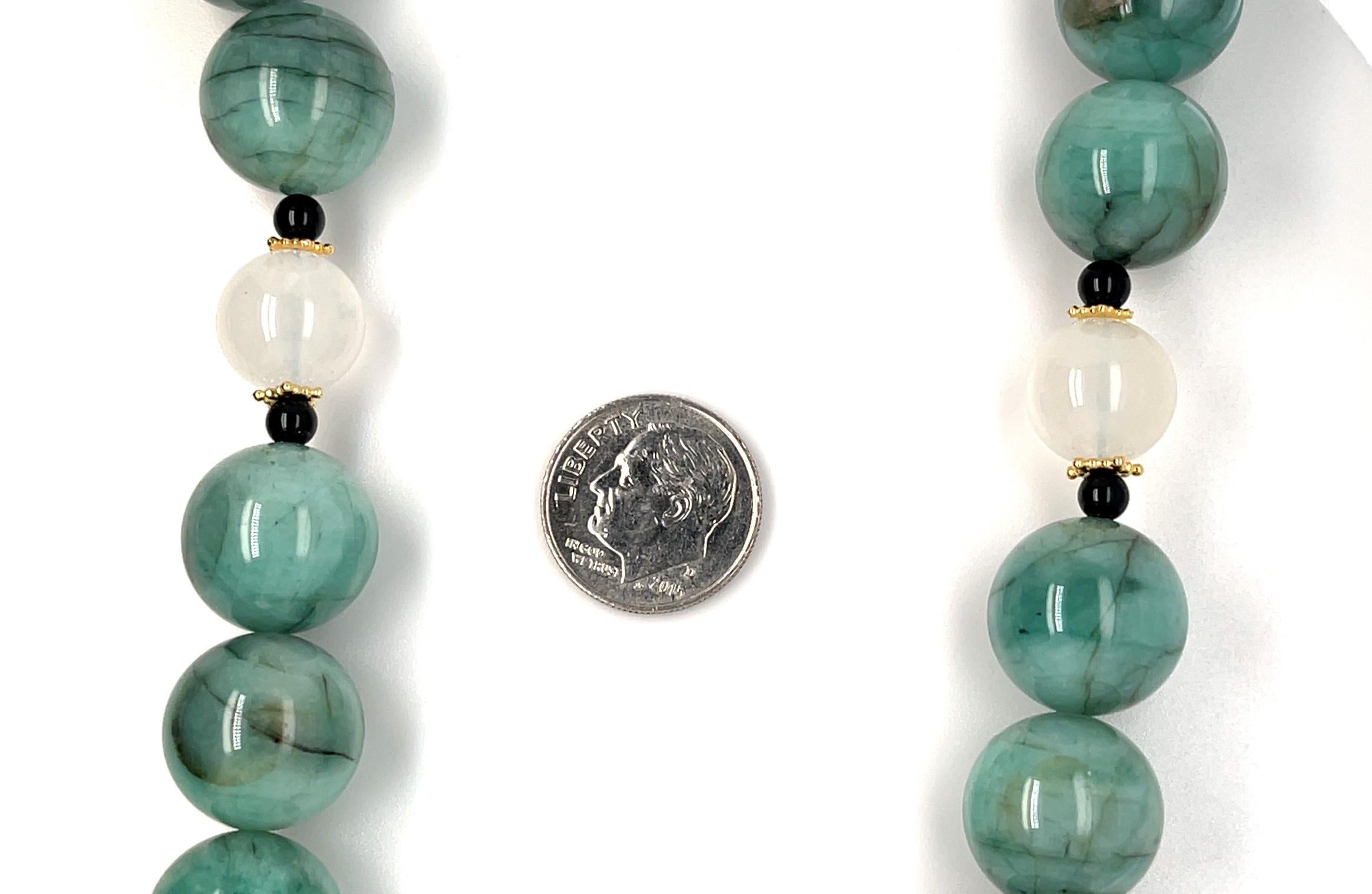 Natural Emerald Beaded Necklace with Moonstone, Onyx, and Yellow Gold Accents For Sale 2