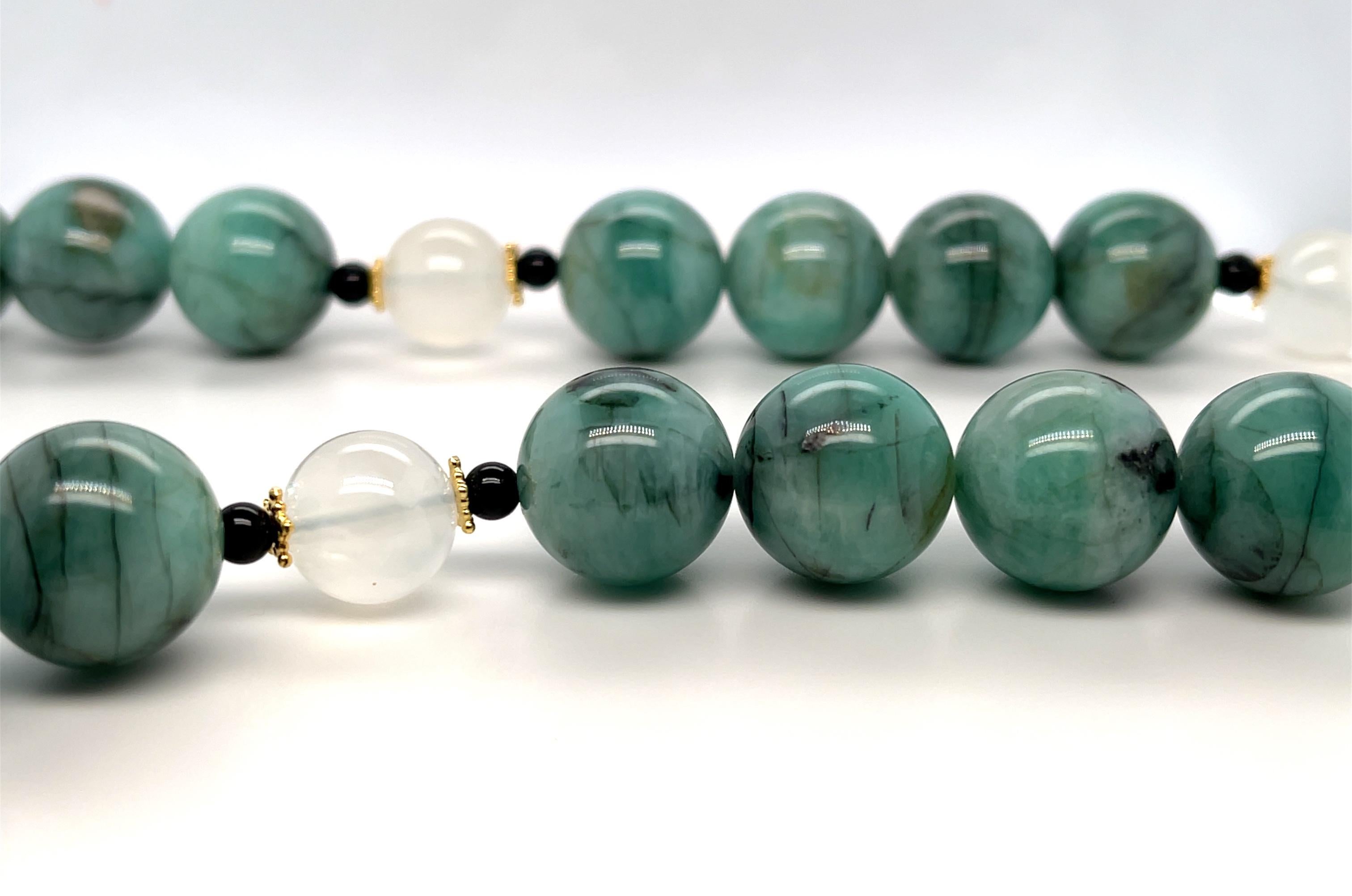 Women's Natural Emerald Beaded Necklace with Moonstone, Onyx, and Yellow Gold Accents For Sale