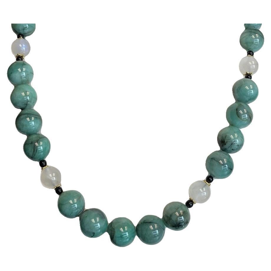 Natural Emerald Beaded Necklace with Moonstone, Onyx, and Yellow Gold Accents For Sale