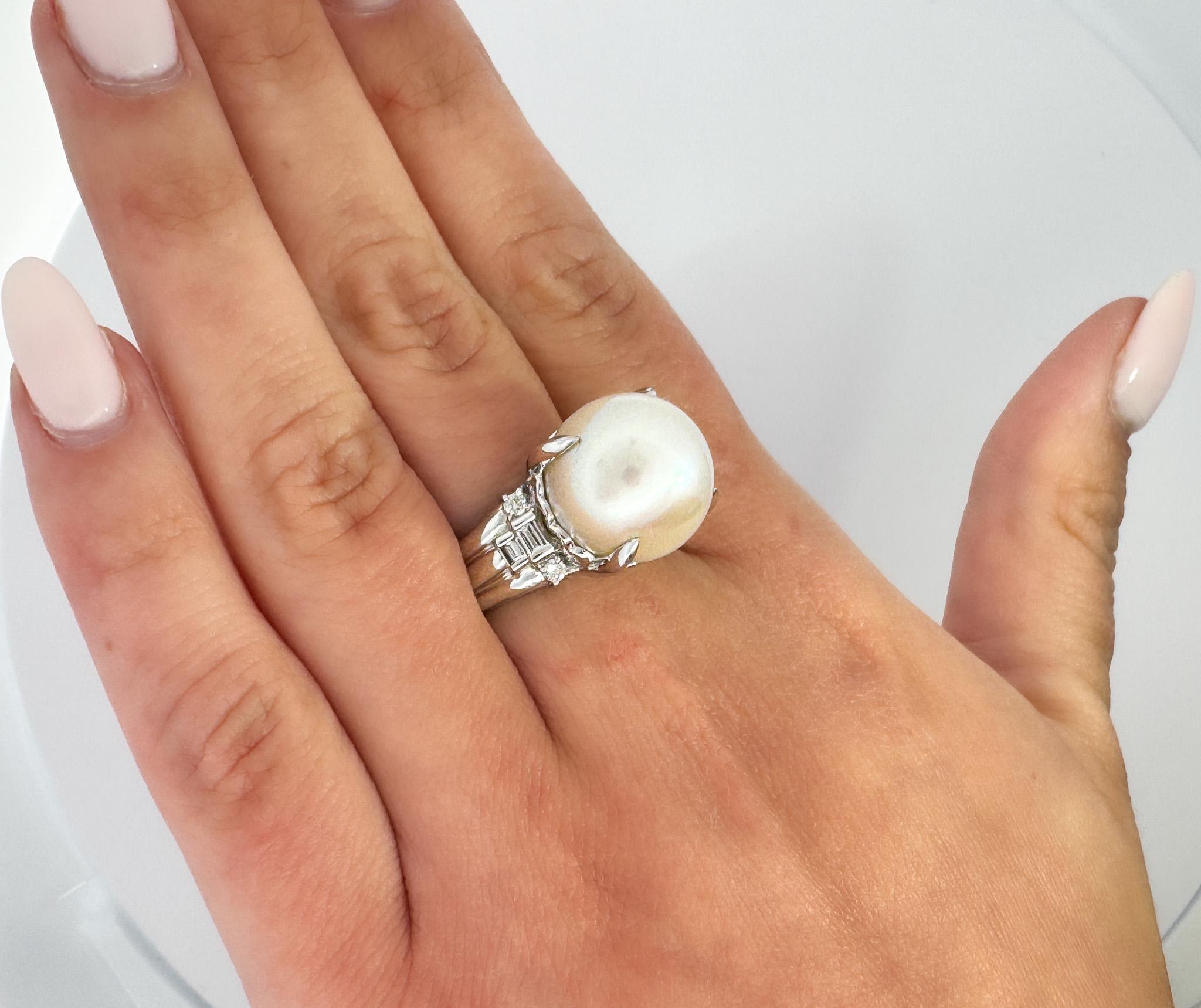 Romantic 15mm South Sea Pearl and Diamond Platinum Cocktail Ring with Heart Shape Design For Sale