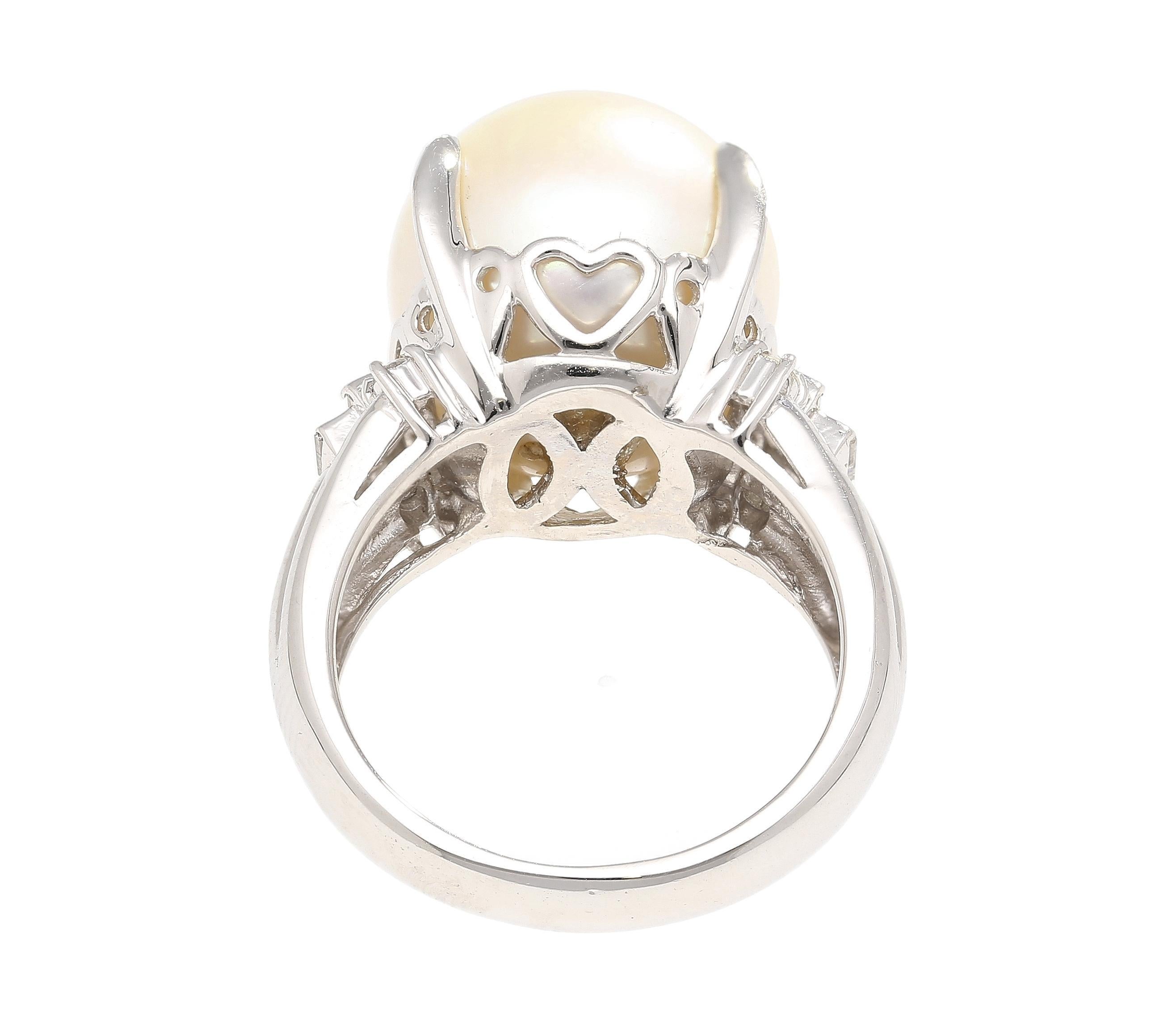 Baguette Cut 15mm South Sea Pearl and Diamond Platinum Cocktail Ring with Heart Shape Design For Sale