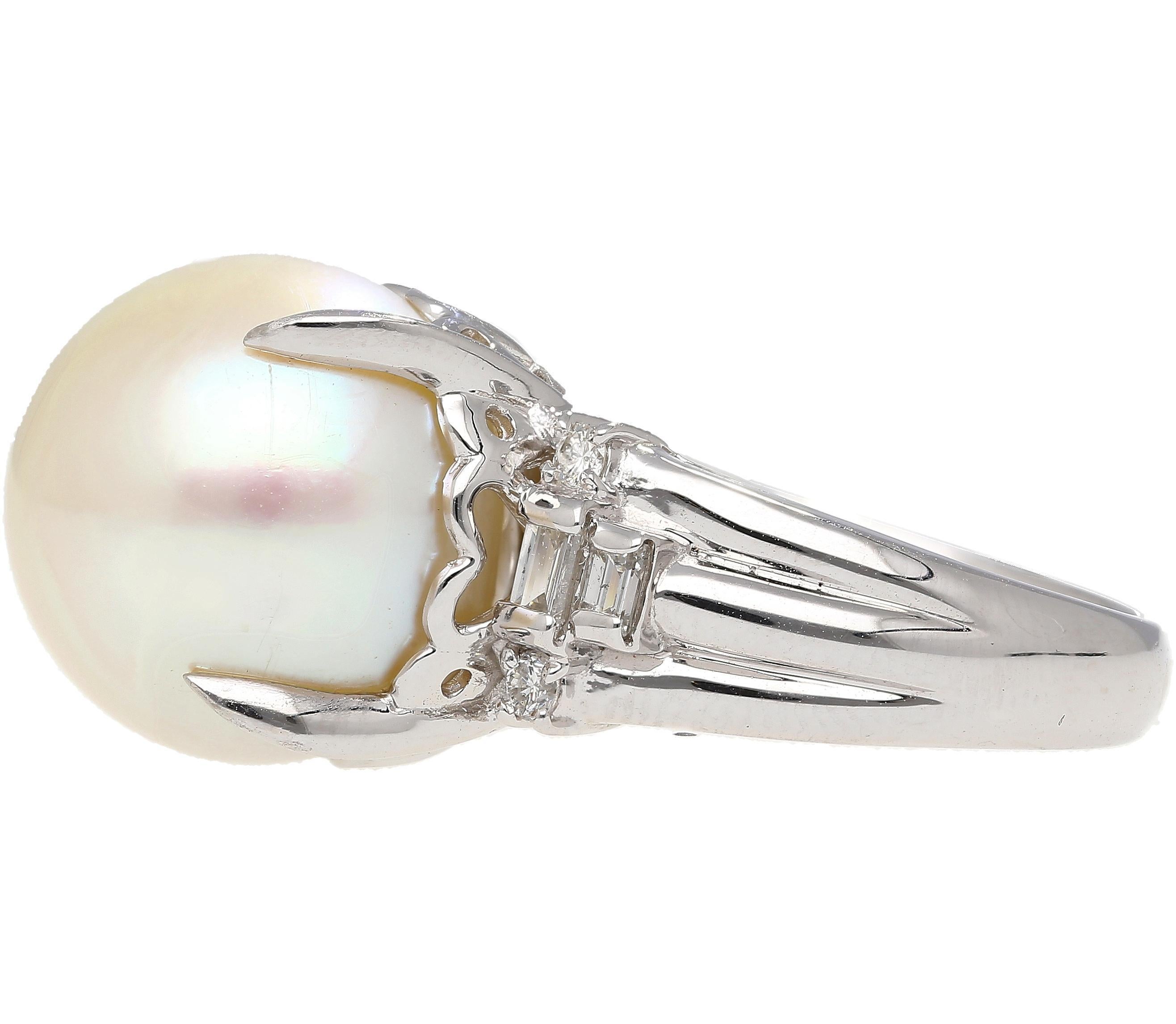 Women's 15mm South Sea Pearl and Diamond Platinum Cocktail Ring with Heart Shape Design For Sale