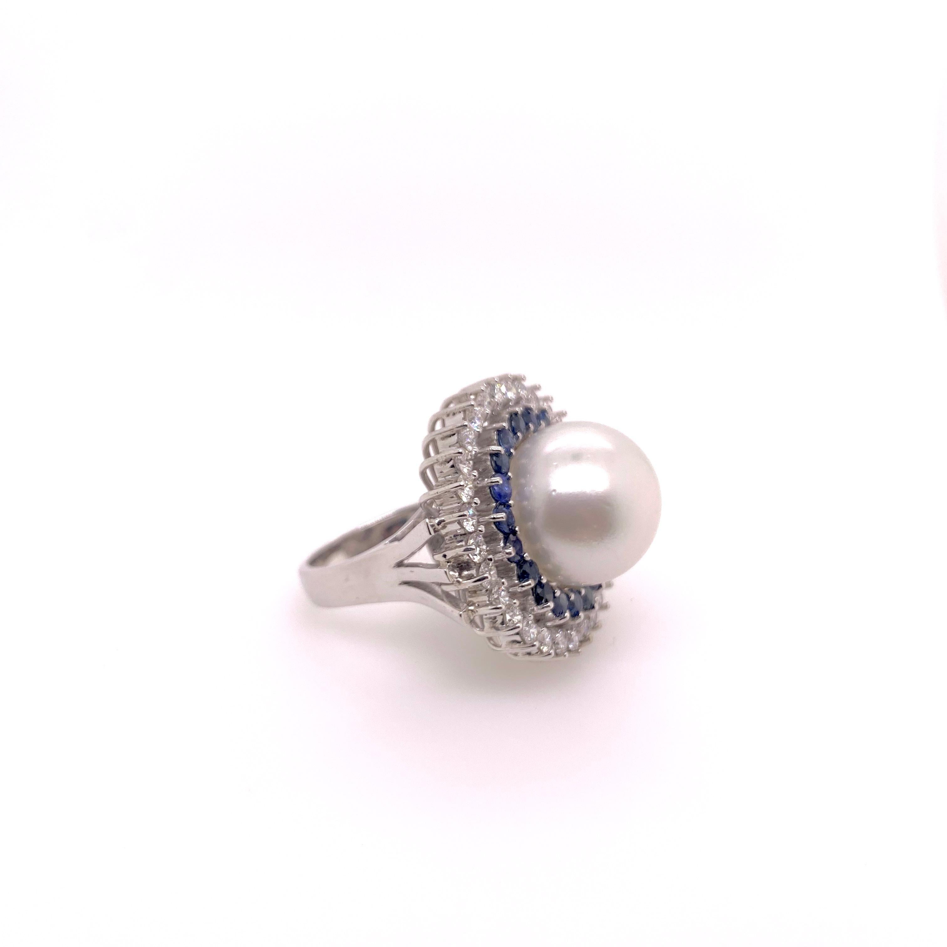Contemporary South Sea Pearl Cocktail Ring with Sapphires and Diamonds For Sale