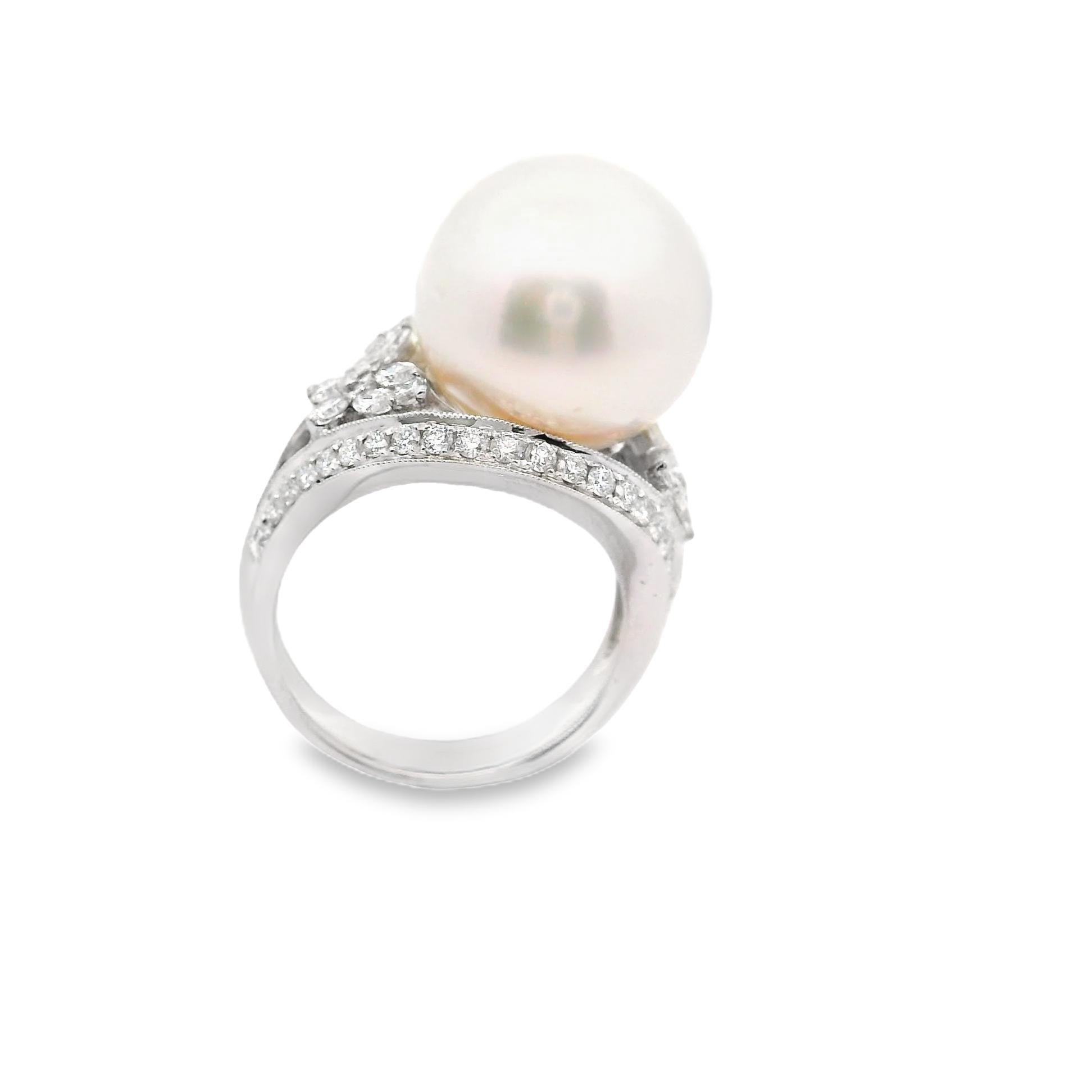 Contemporary 15MM South Sea Pearl Diamond 18k White Gold Butterfly Ring For Sale
